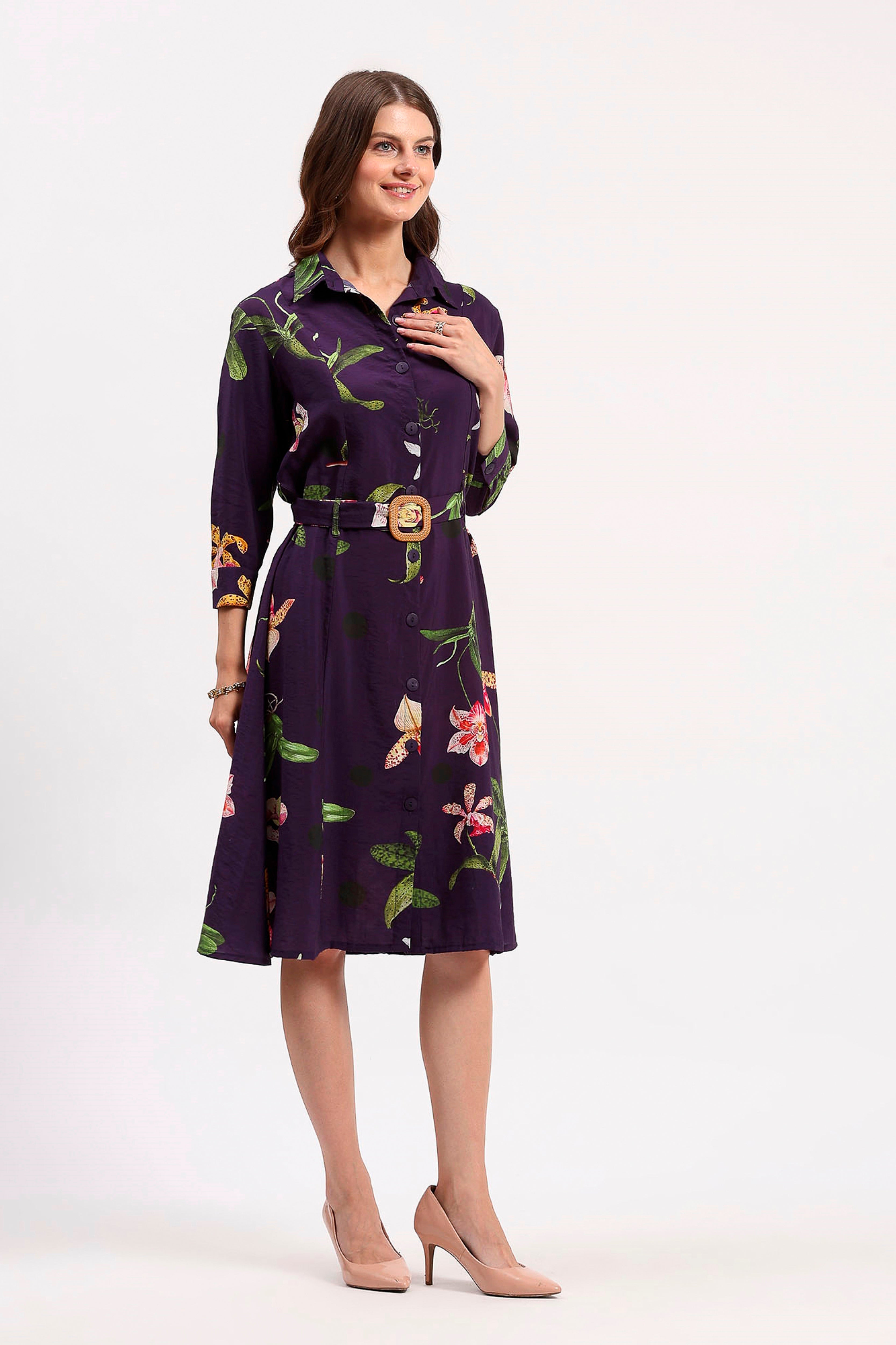 Purple Floral Print A-Line Dress