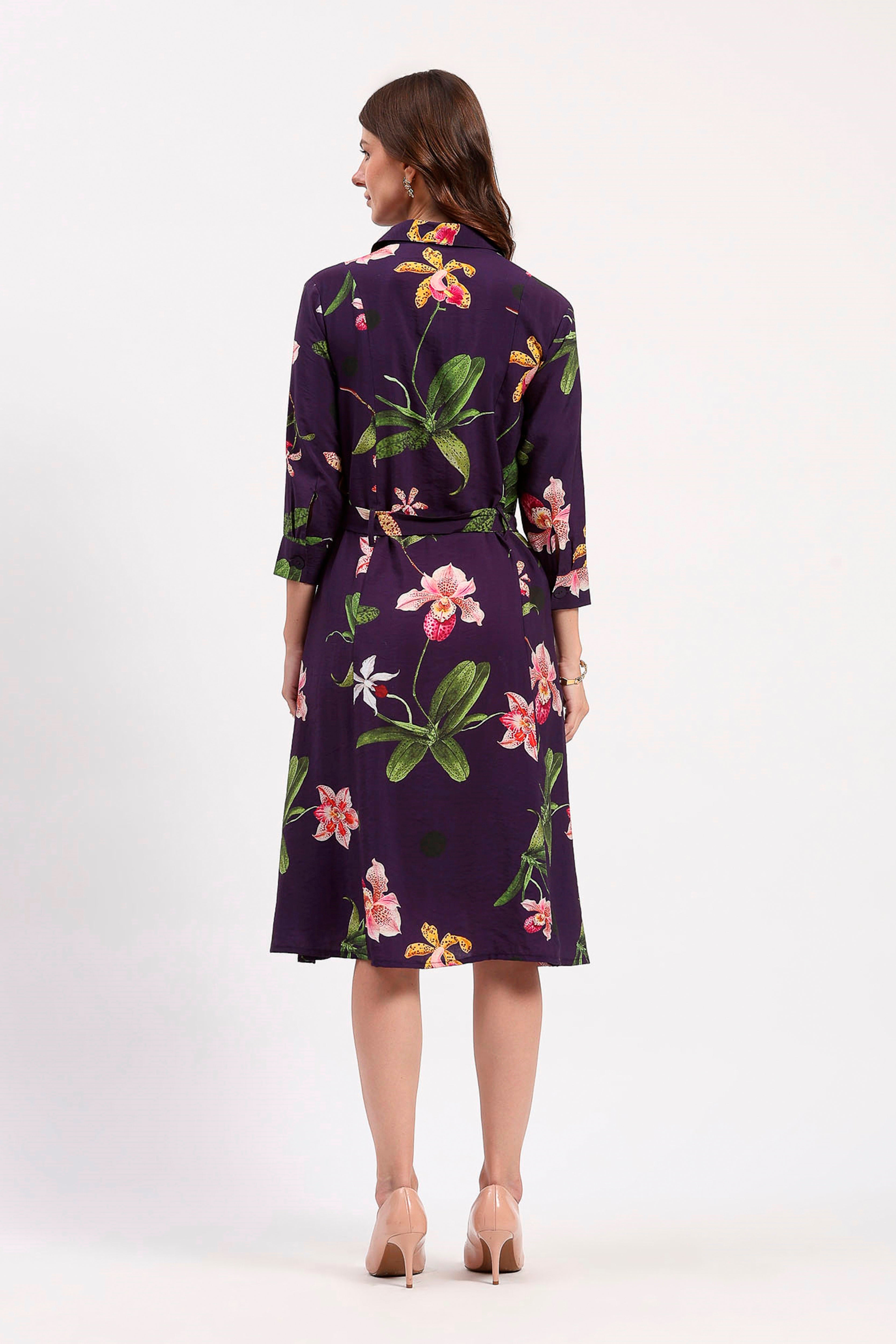 Purple Floral Print A-Line Dress