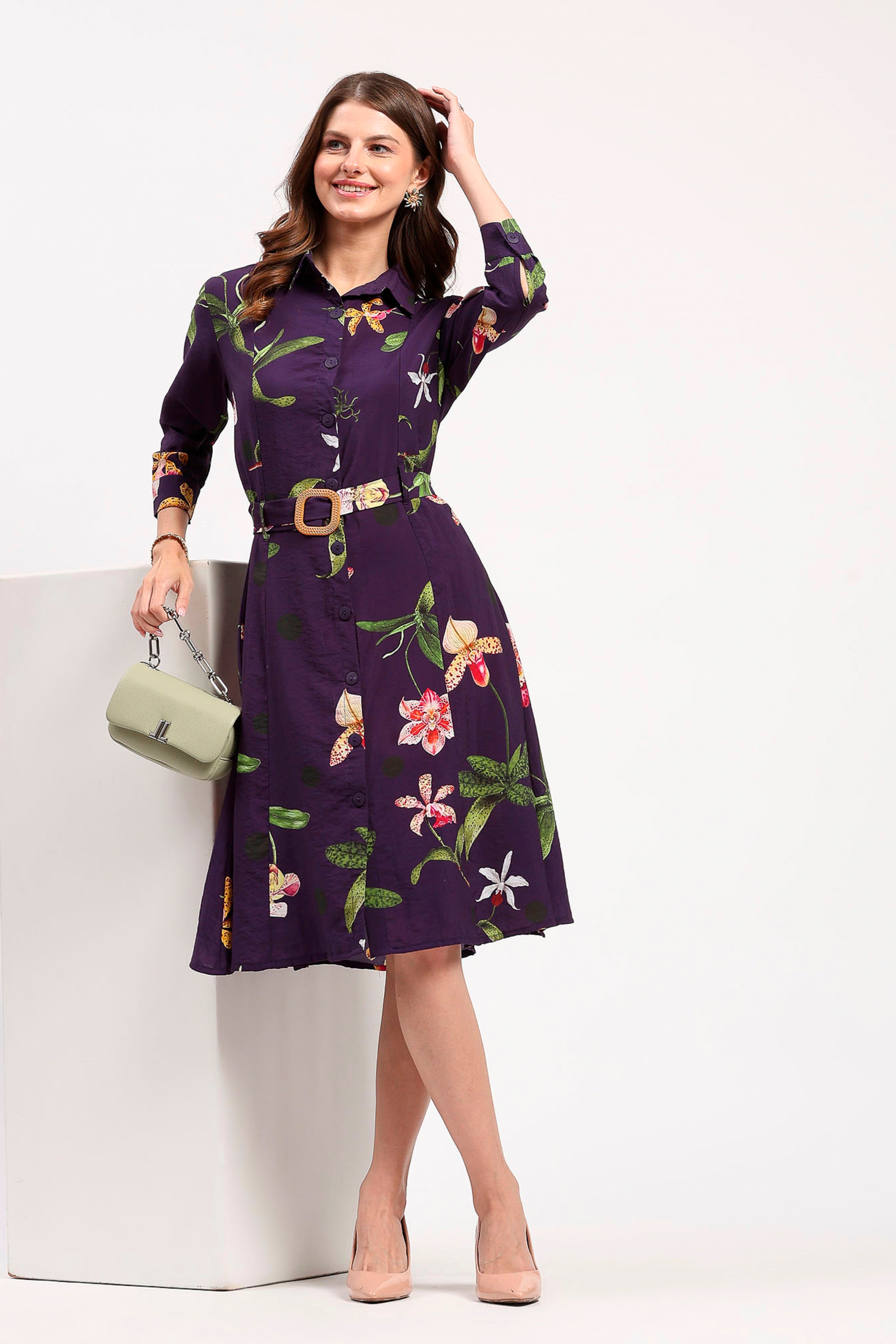 Purple Floral Print A-Line Dress