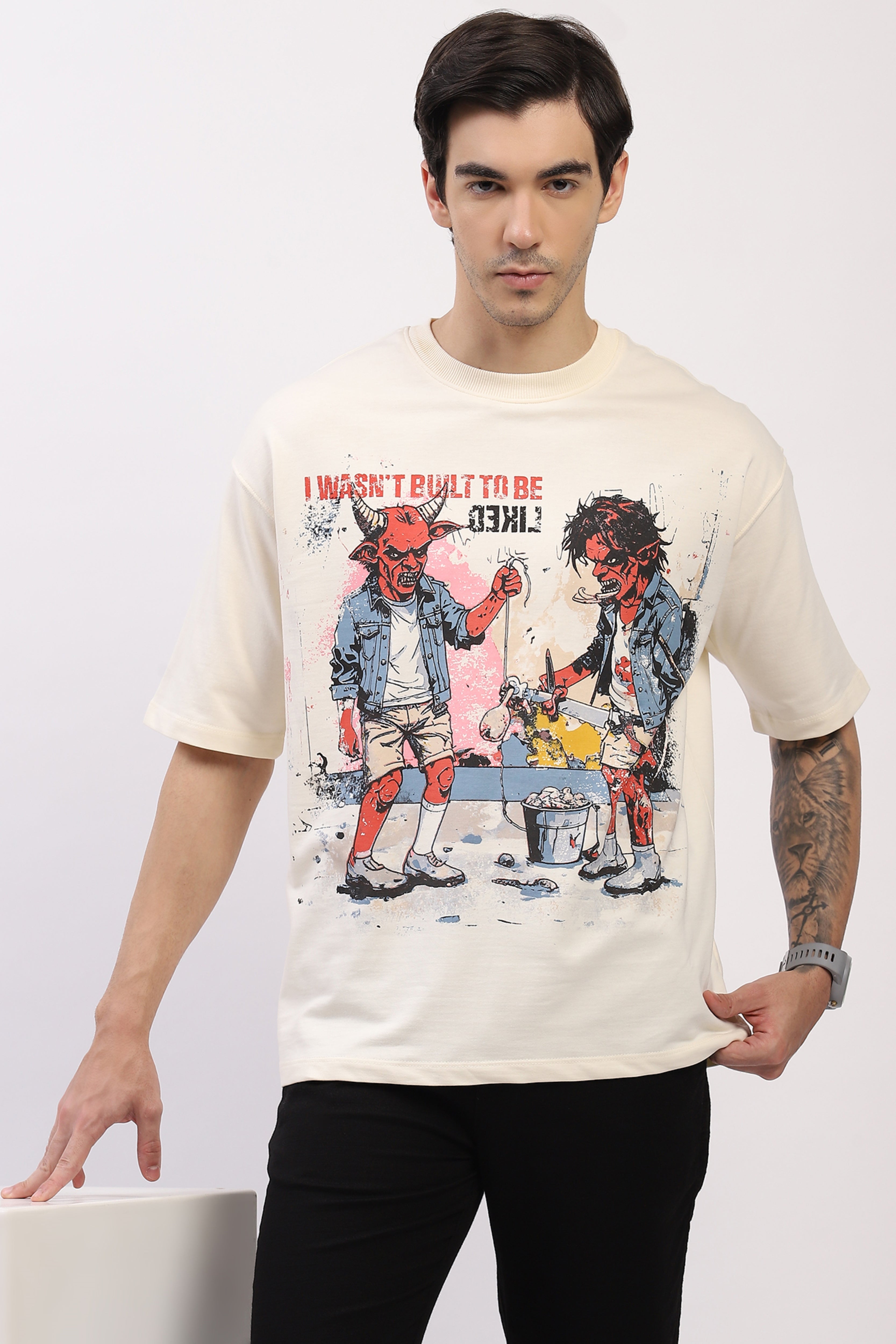 Cream Oversized Devil War Print T-Shirt