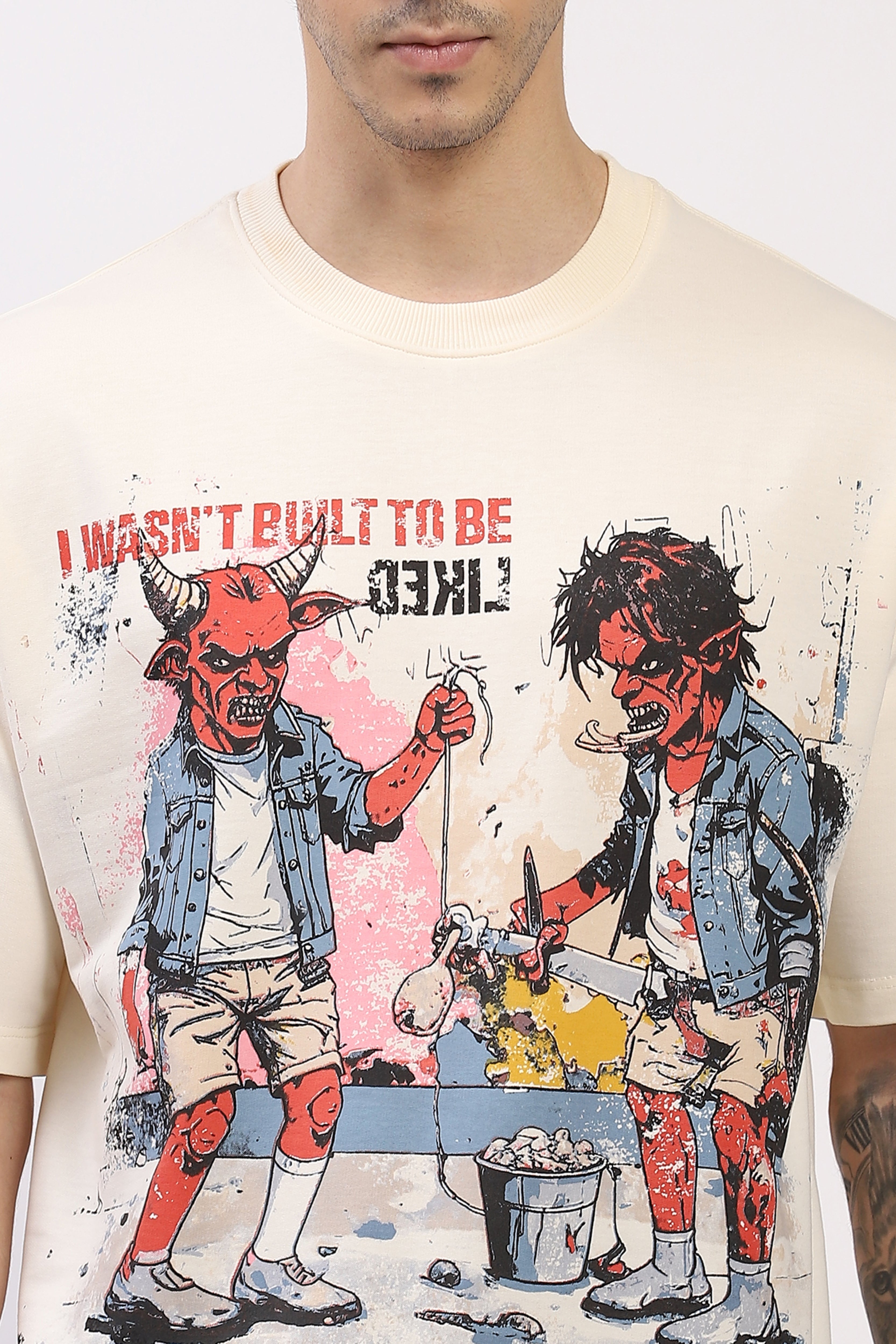 Cream Oversized Devil War Print T-Shirt