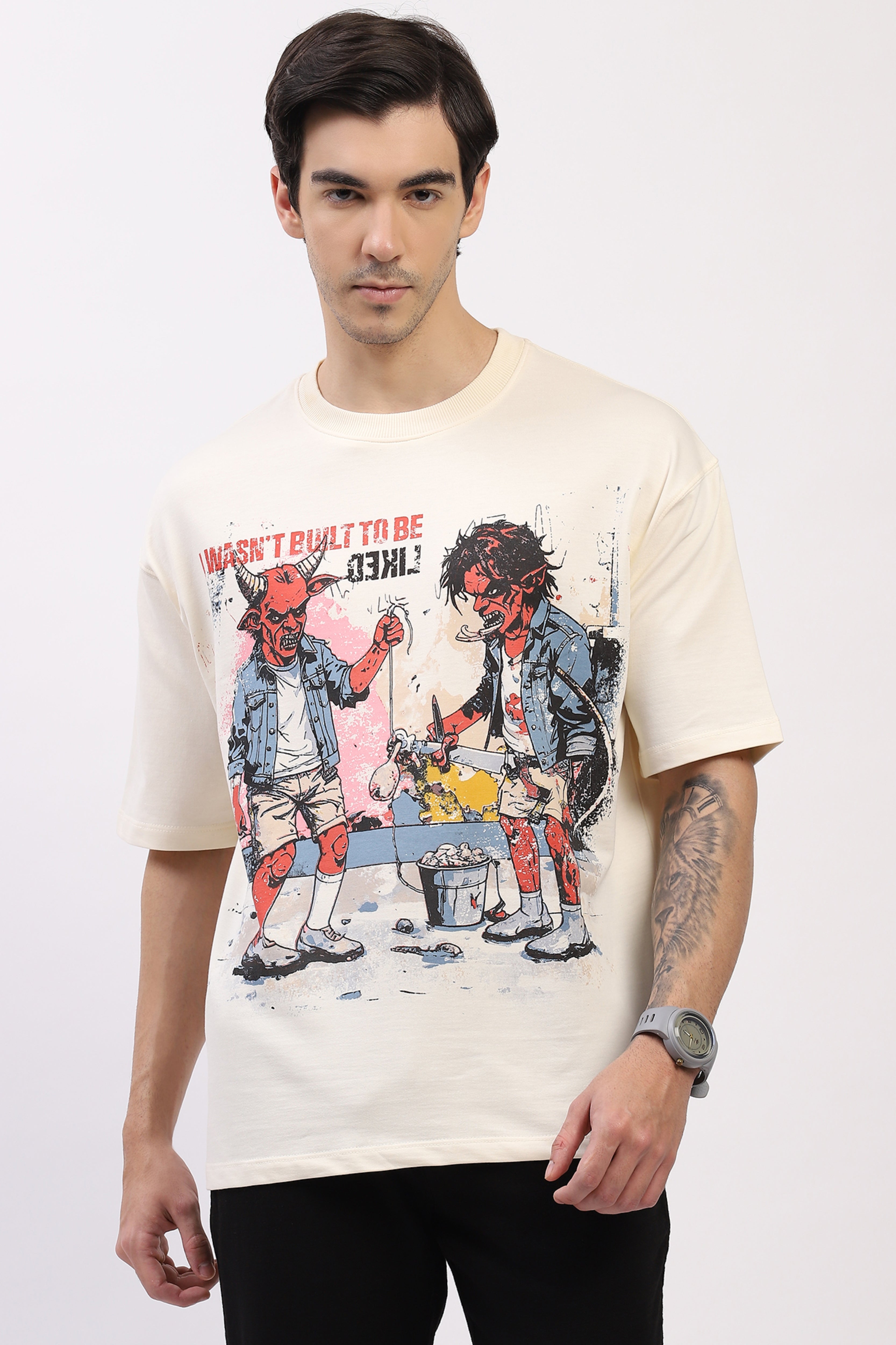 Cream Oversized Devil War Print T-Shirt
