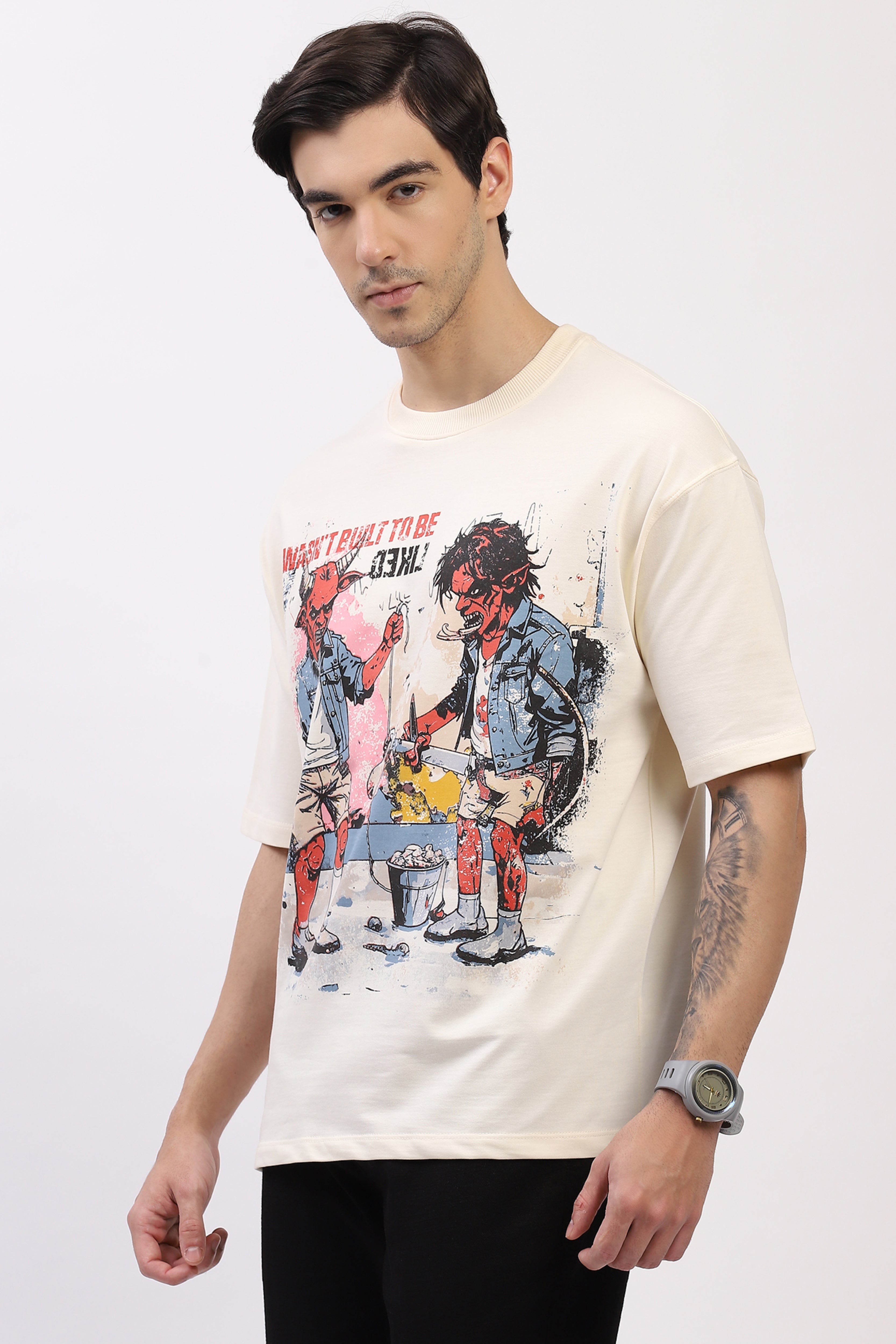 Cream Oversized Devil War Print T-Shirt