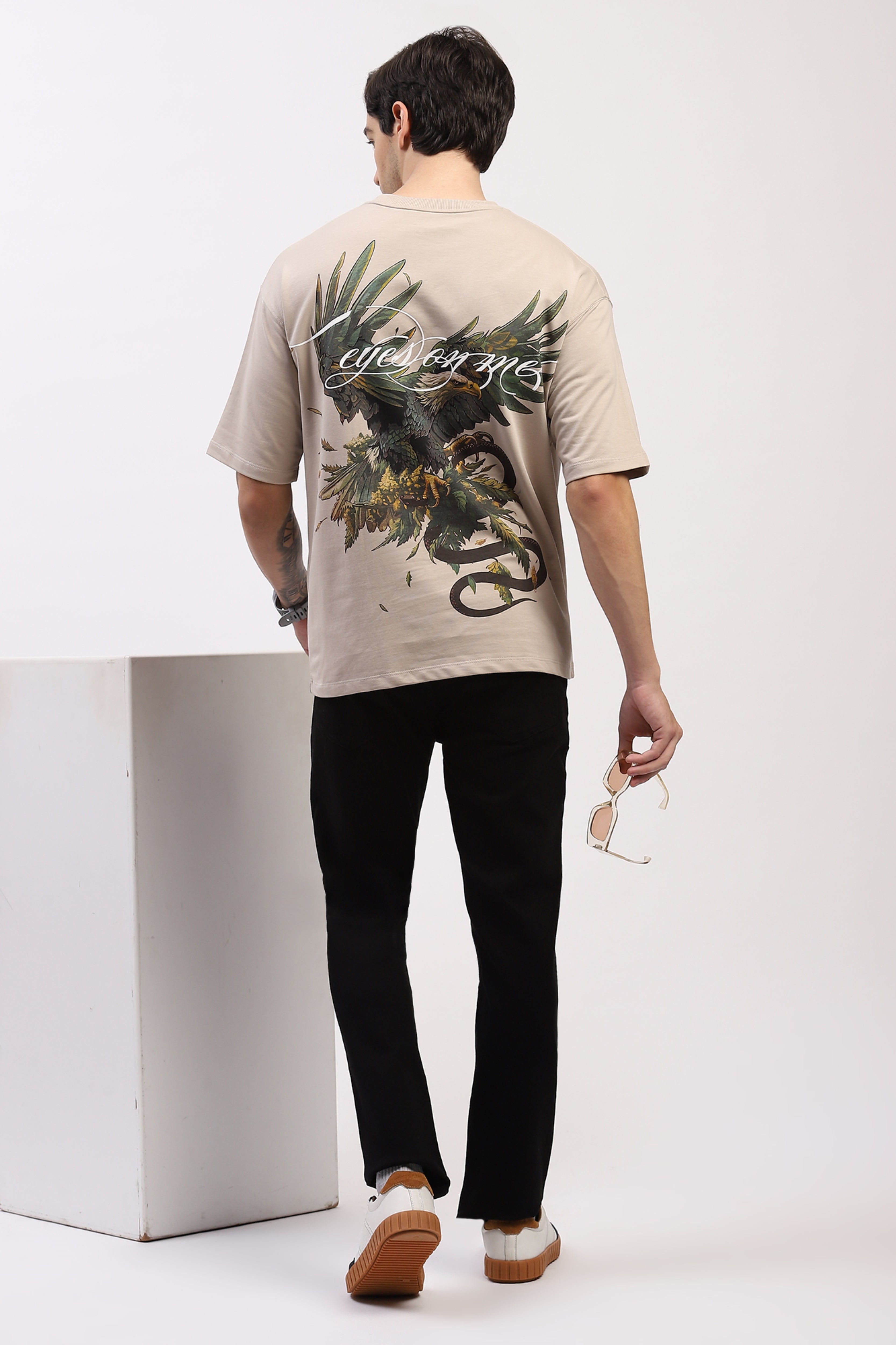 Light Grey Oversized Hawk Print T-Shirt