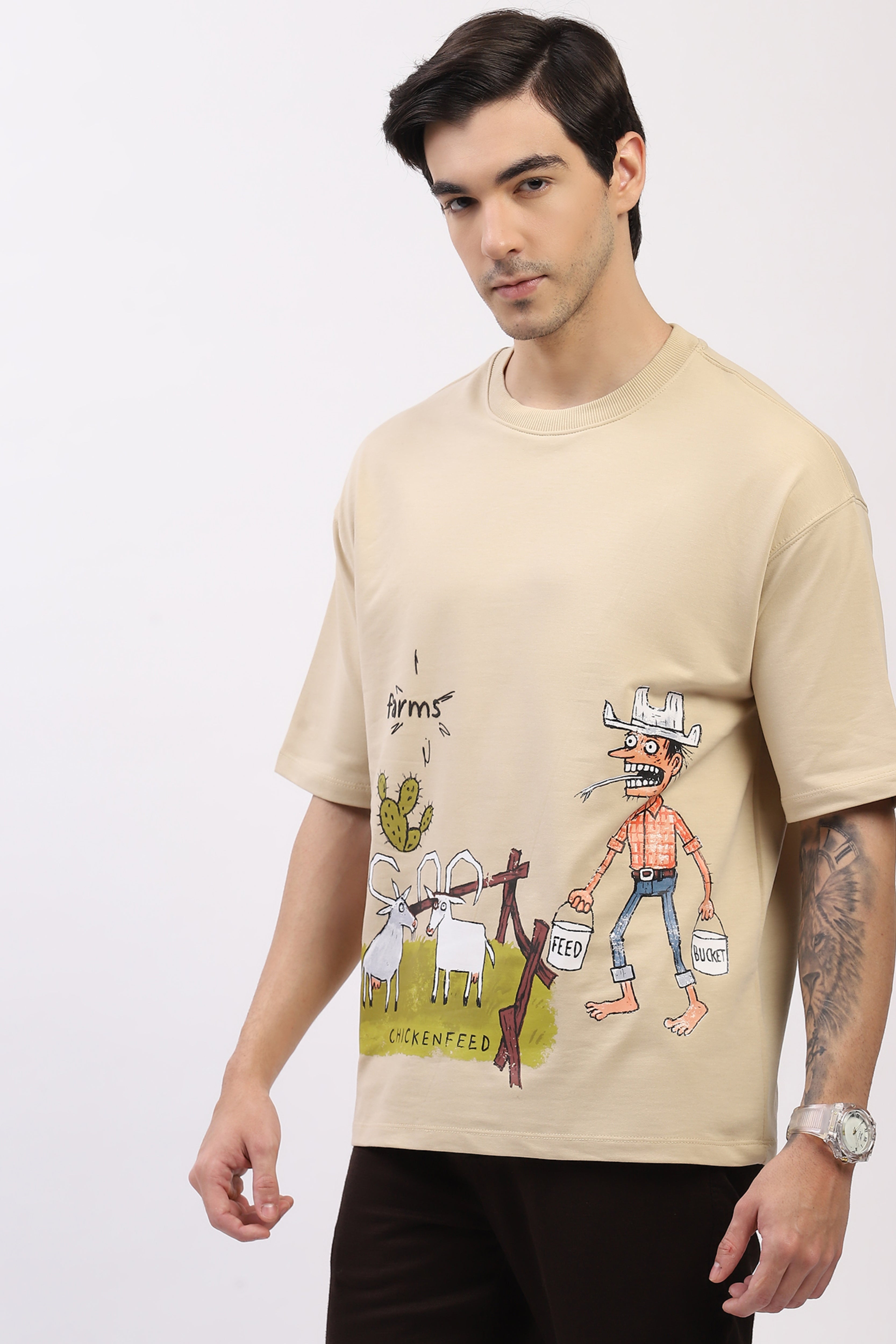 Beige Oversized Quirky Print T-Shirt