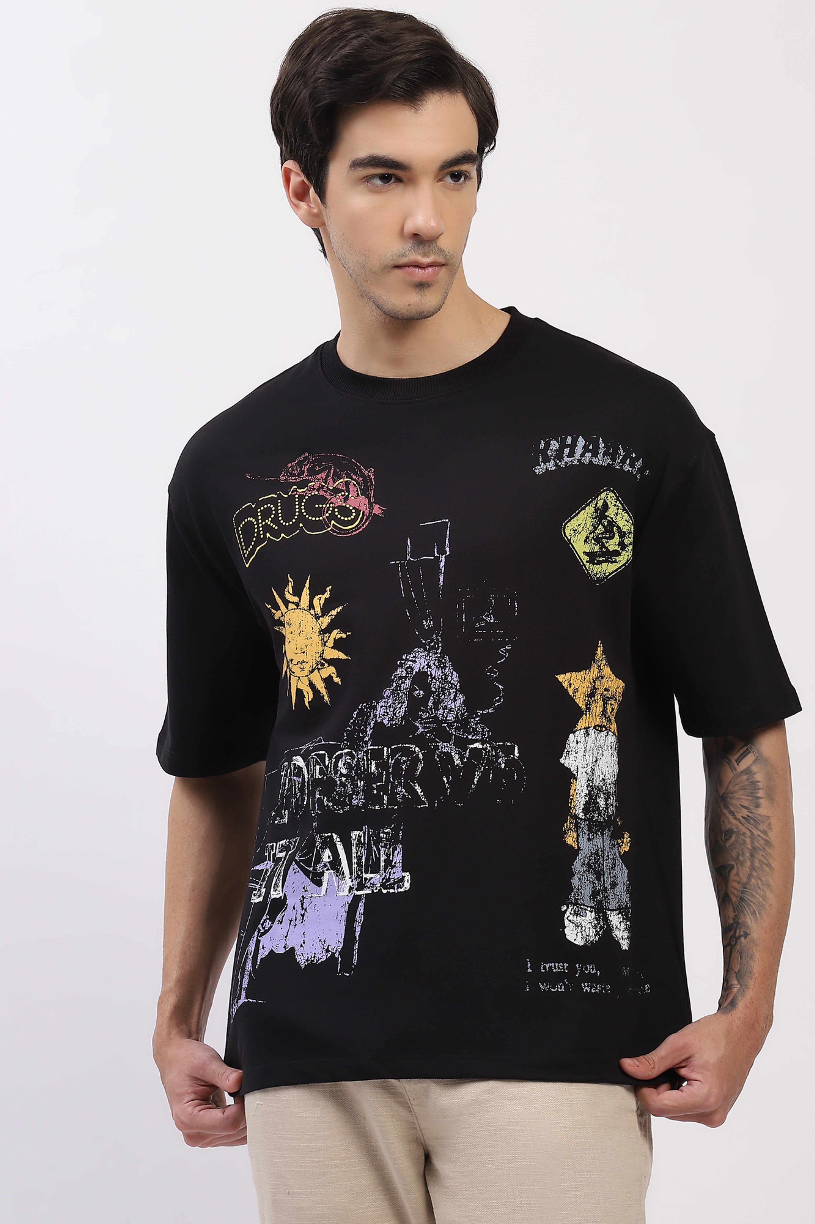 Black Oversized Modern Art Print T-Shirt