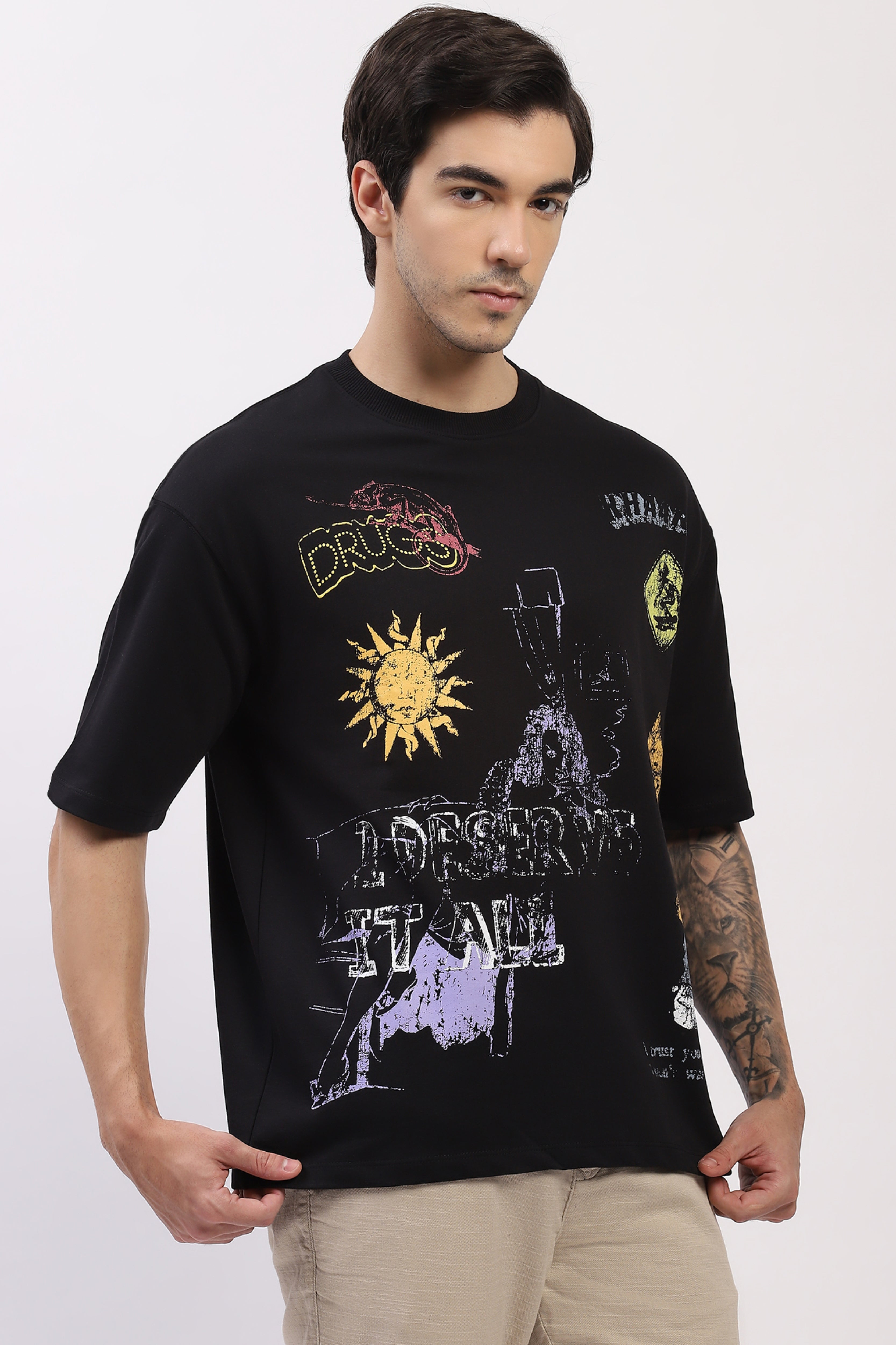 Black Oversized Modern Art Print T-Shirt
