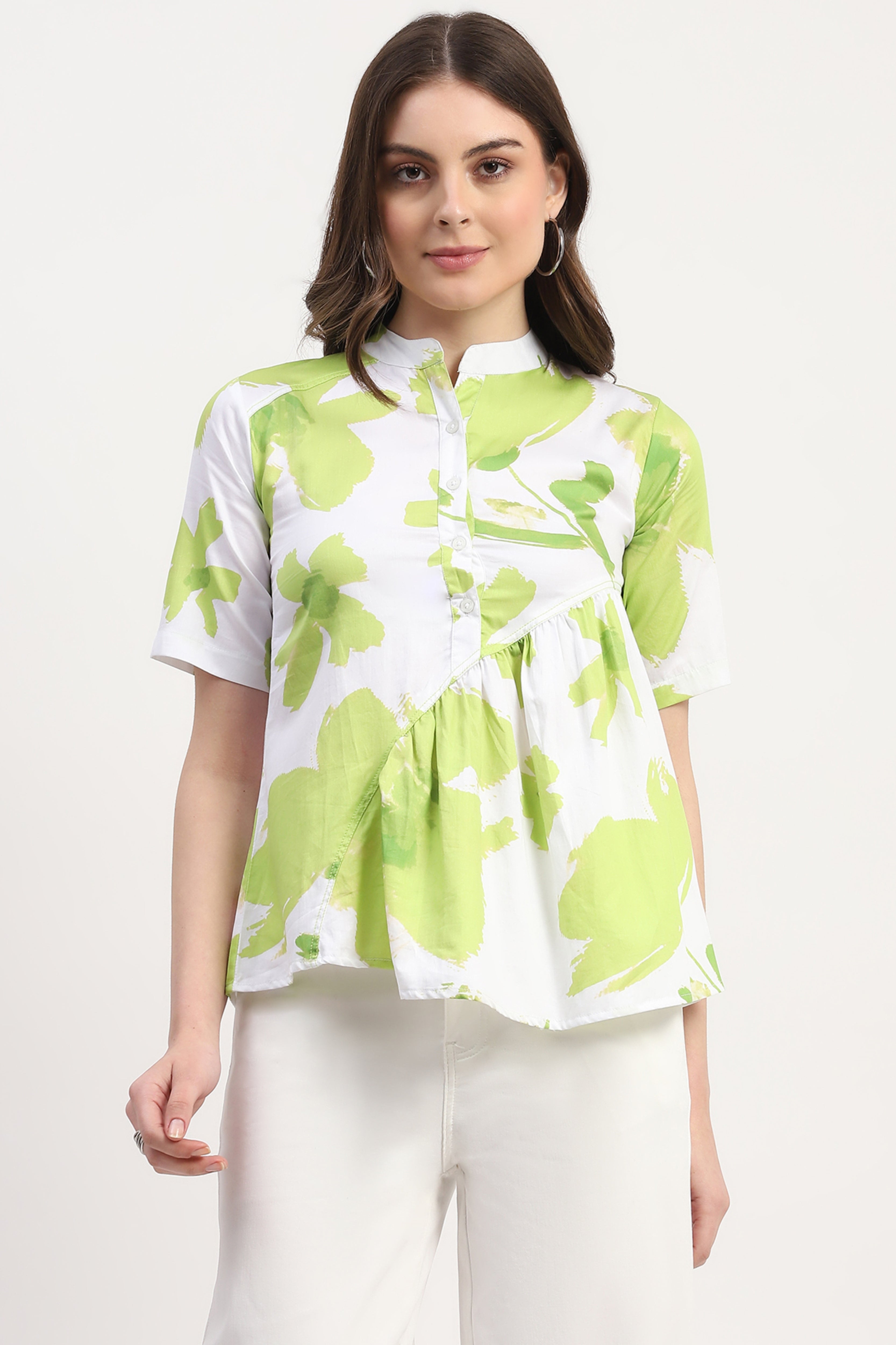 Green Cotton Satin Abstract Print Top