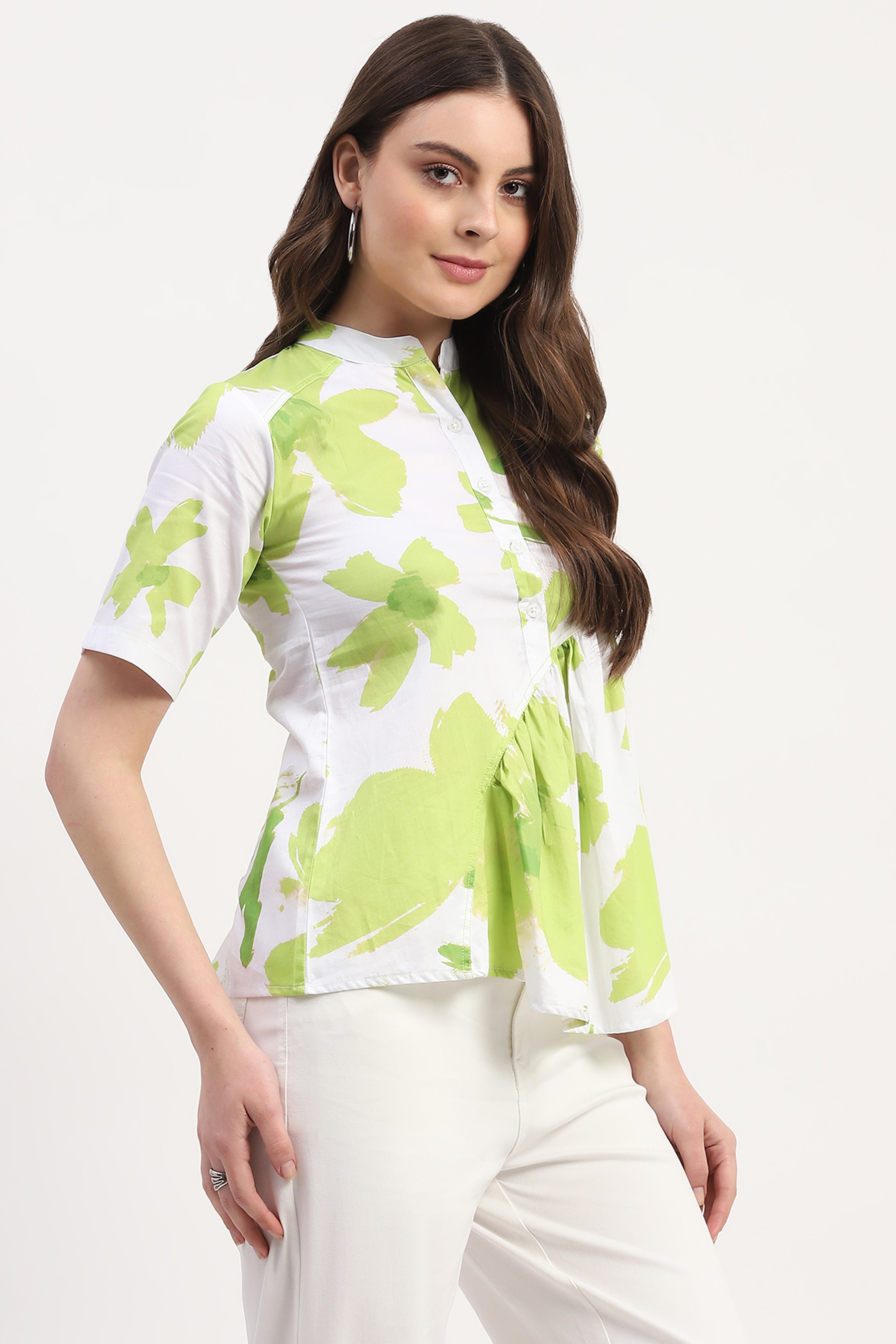 Green Cotton Satin Abstract Print Top