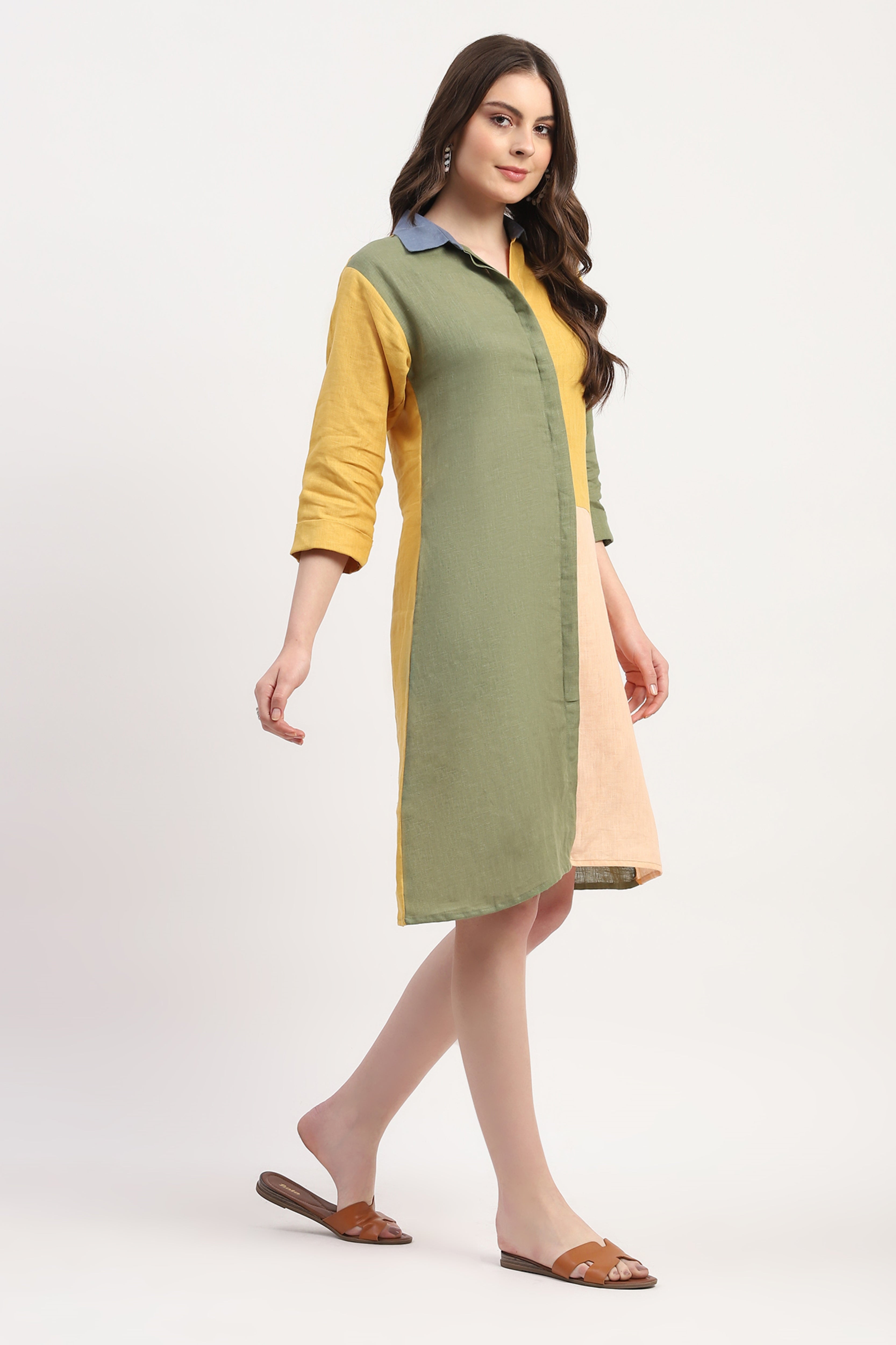 Multicolor Linen Color Block Dress