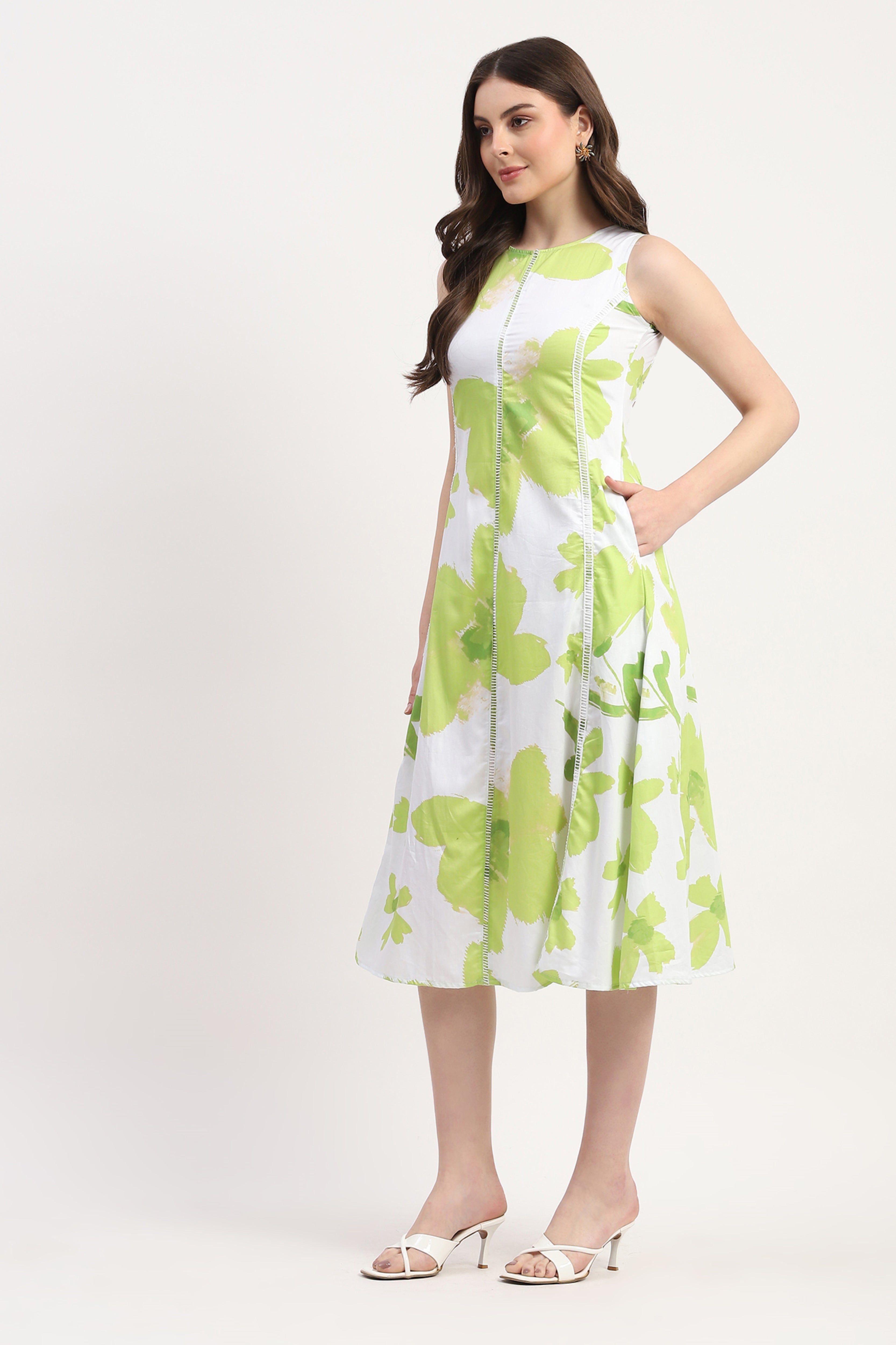 Green Cotton Satin Abstract Print Dress