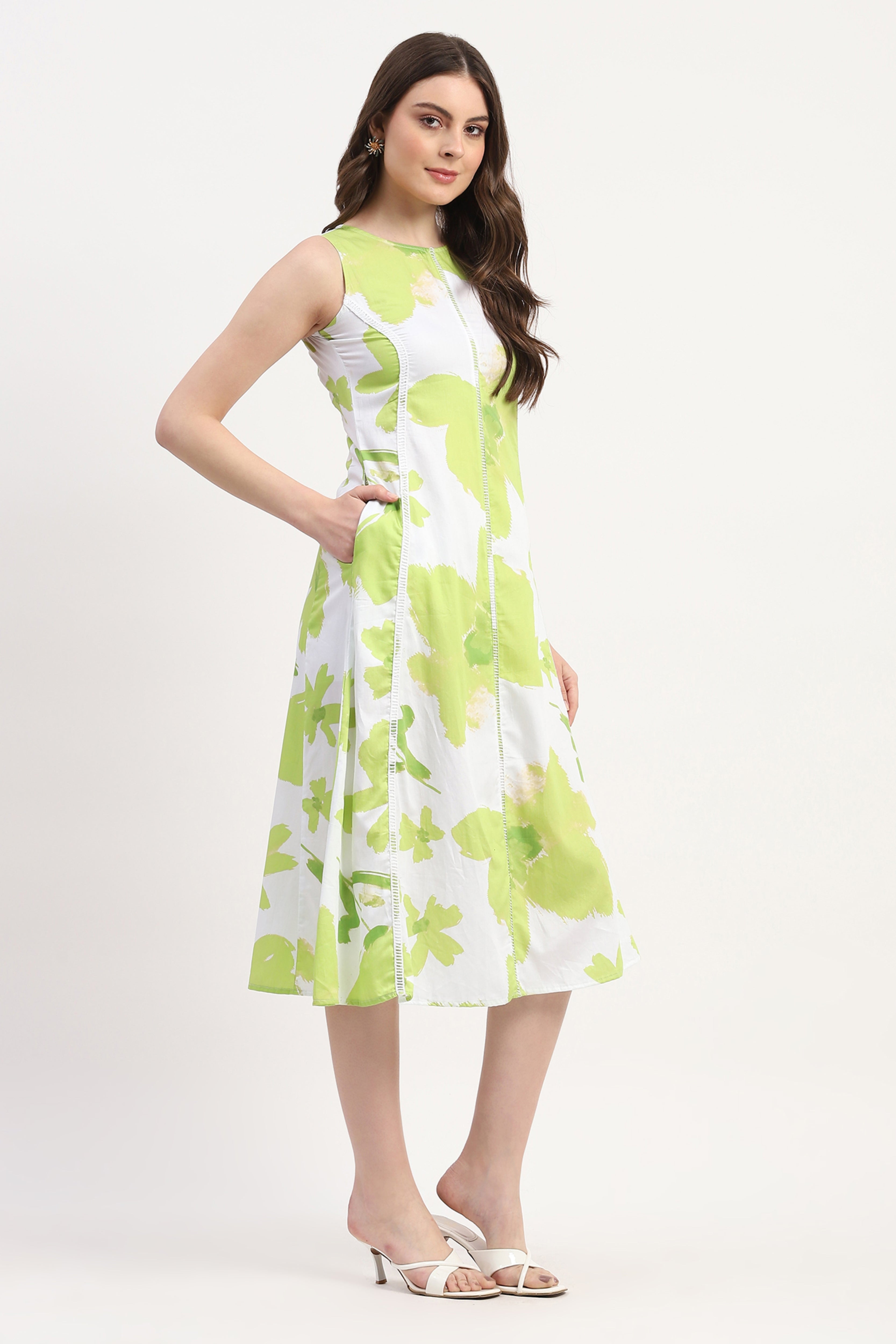 Green Cotton Satin Abstract Print Dress