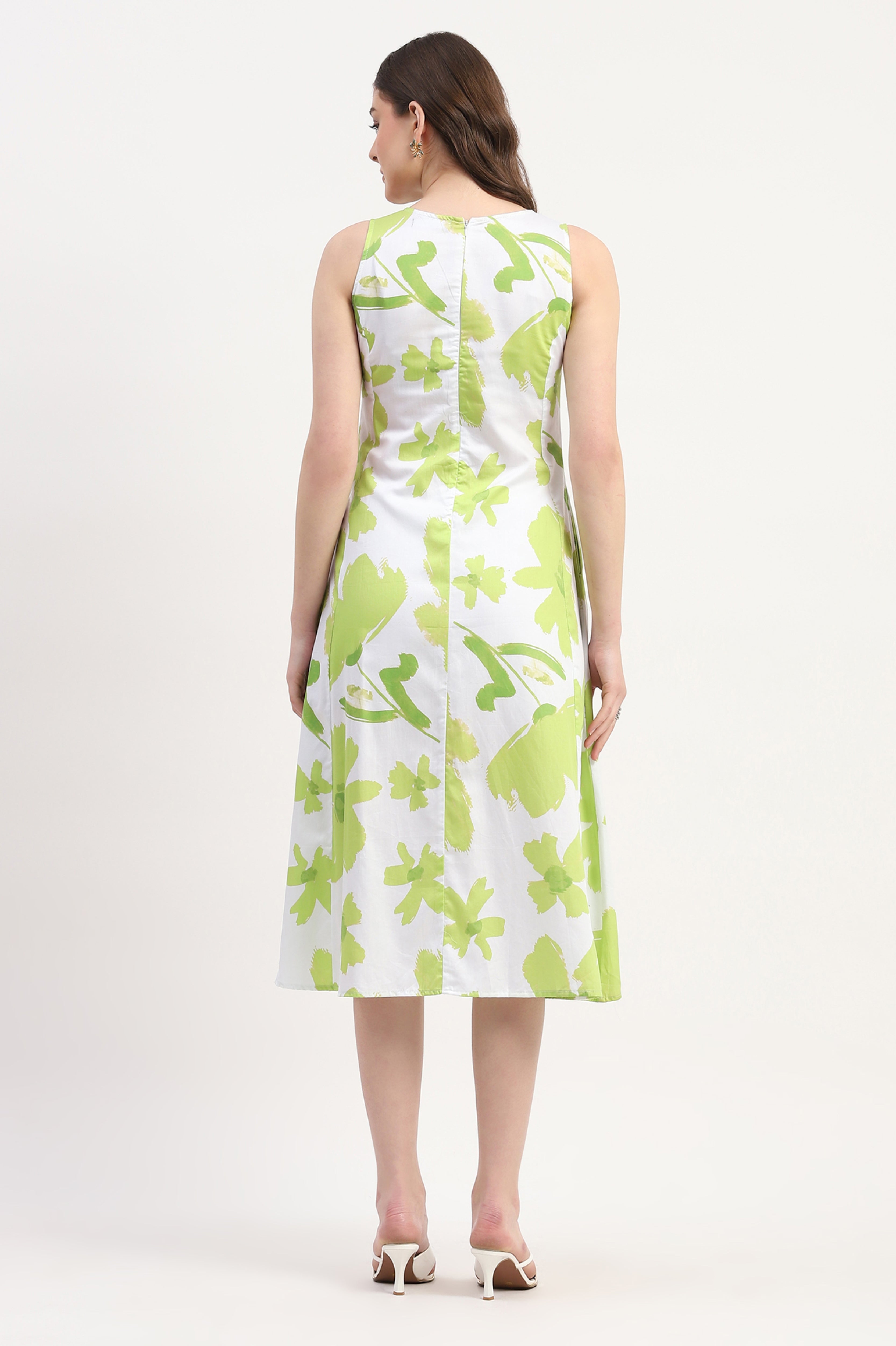 Green Cotton Satin Abstract Print Dress