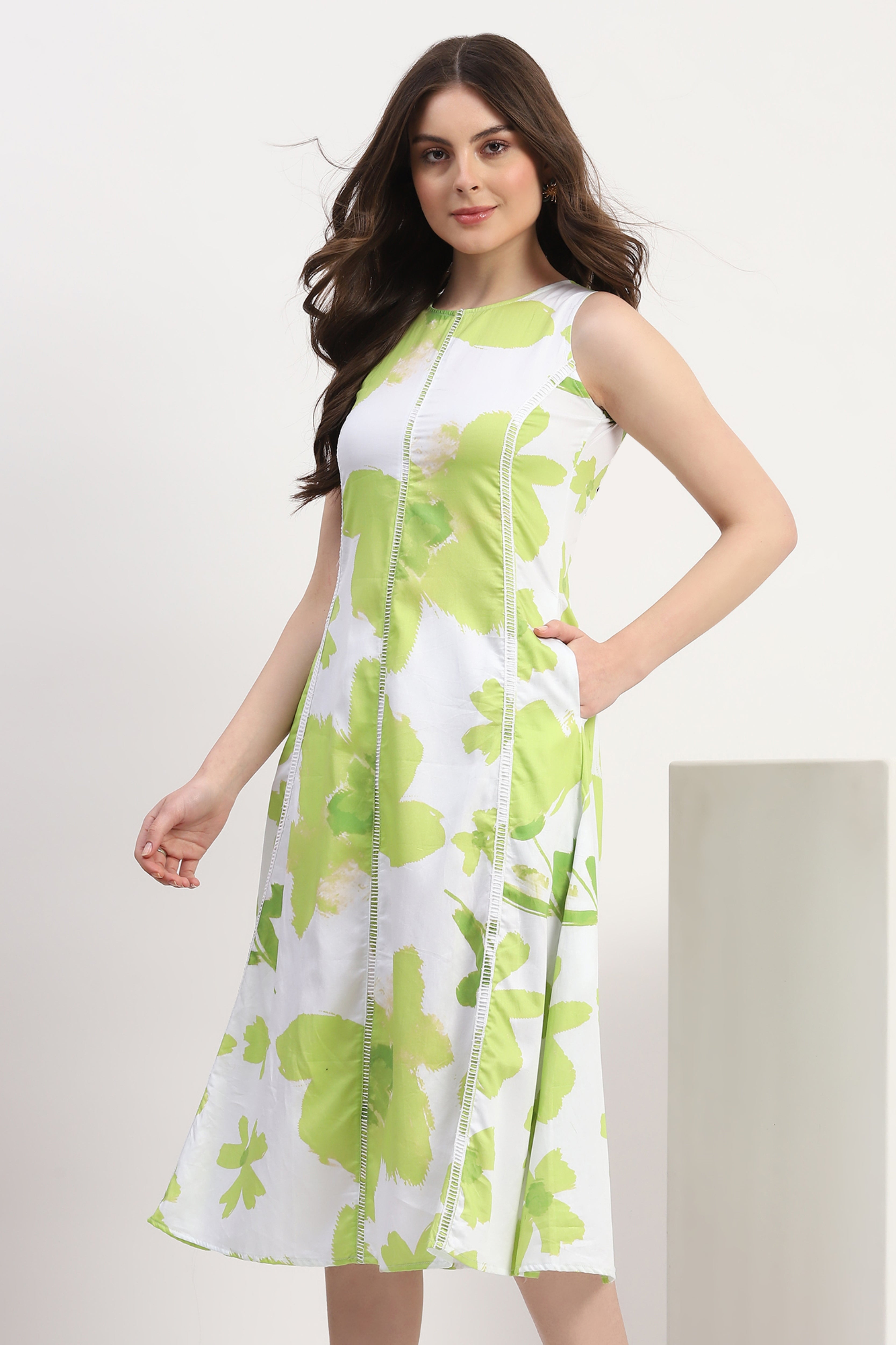 Green Cotton Satin Abstract Print Dress