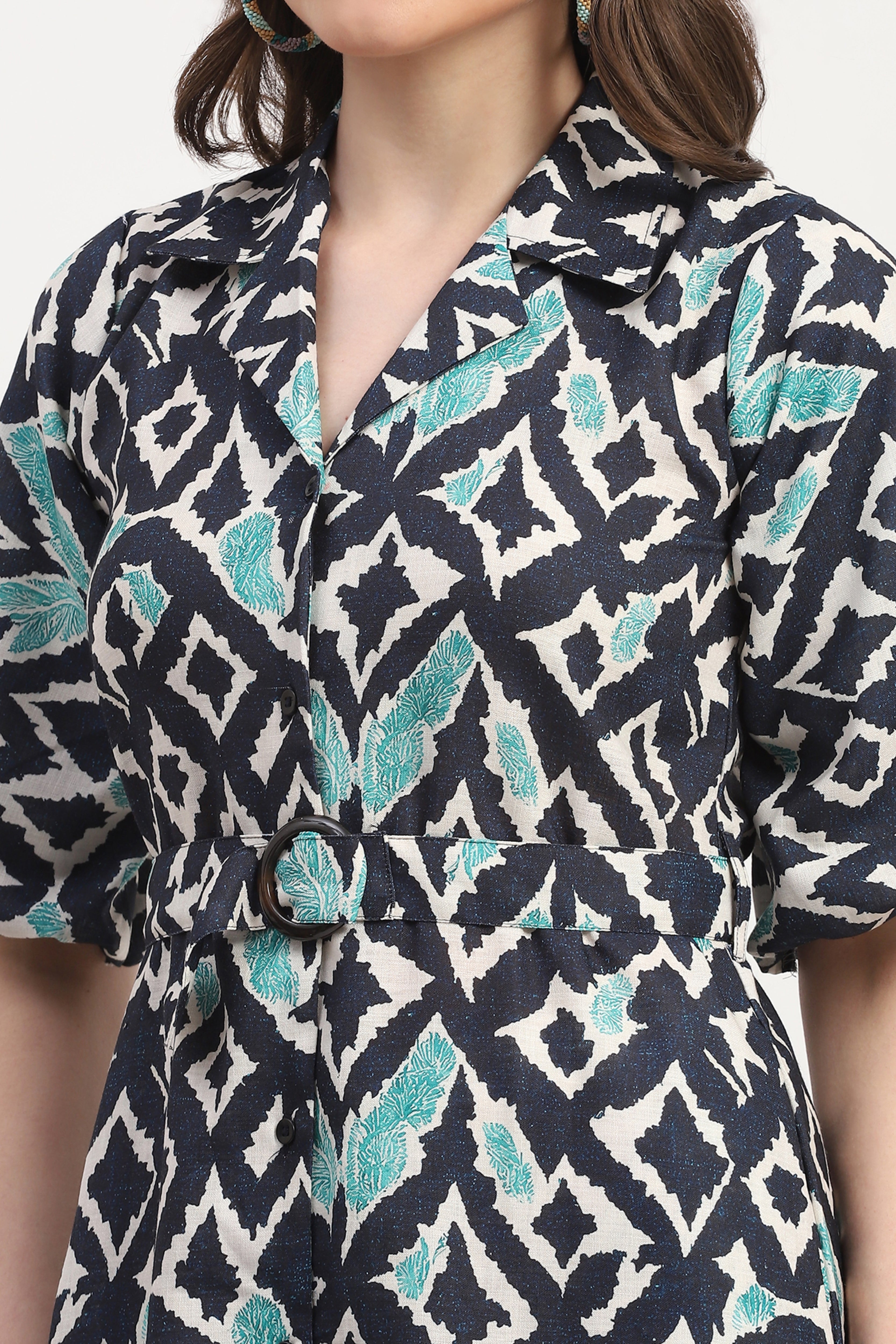 Navy Blue Poly Linen Printed Dress