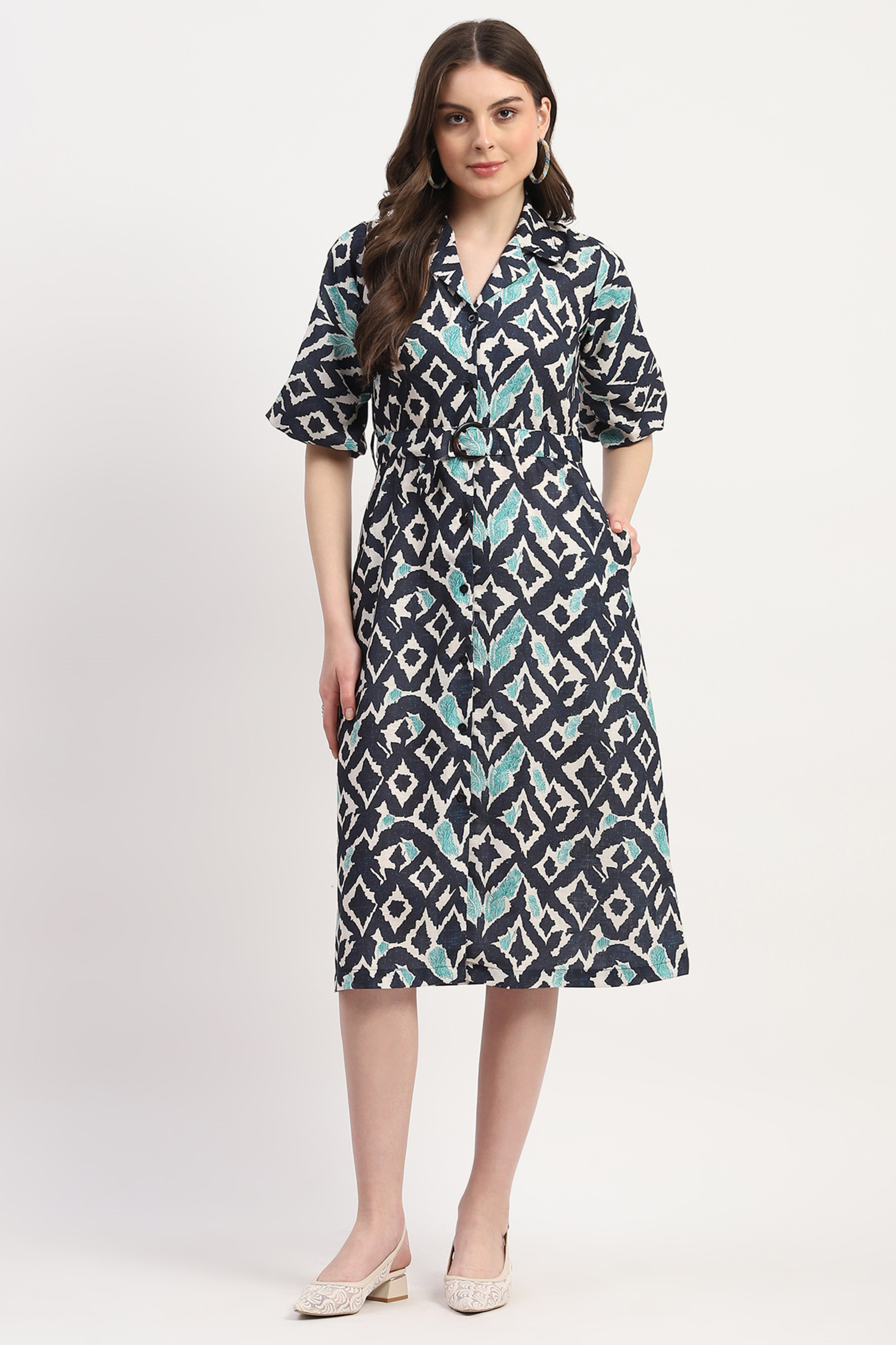 Navy Blue Poly Linen Printed Dress