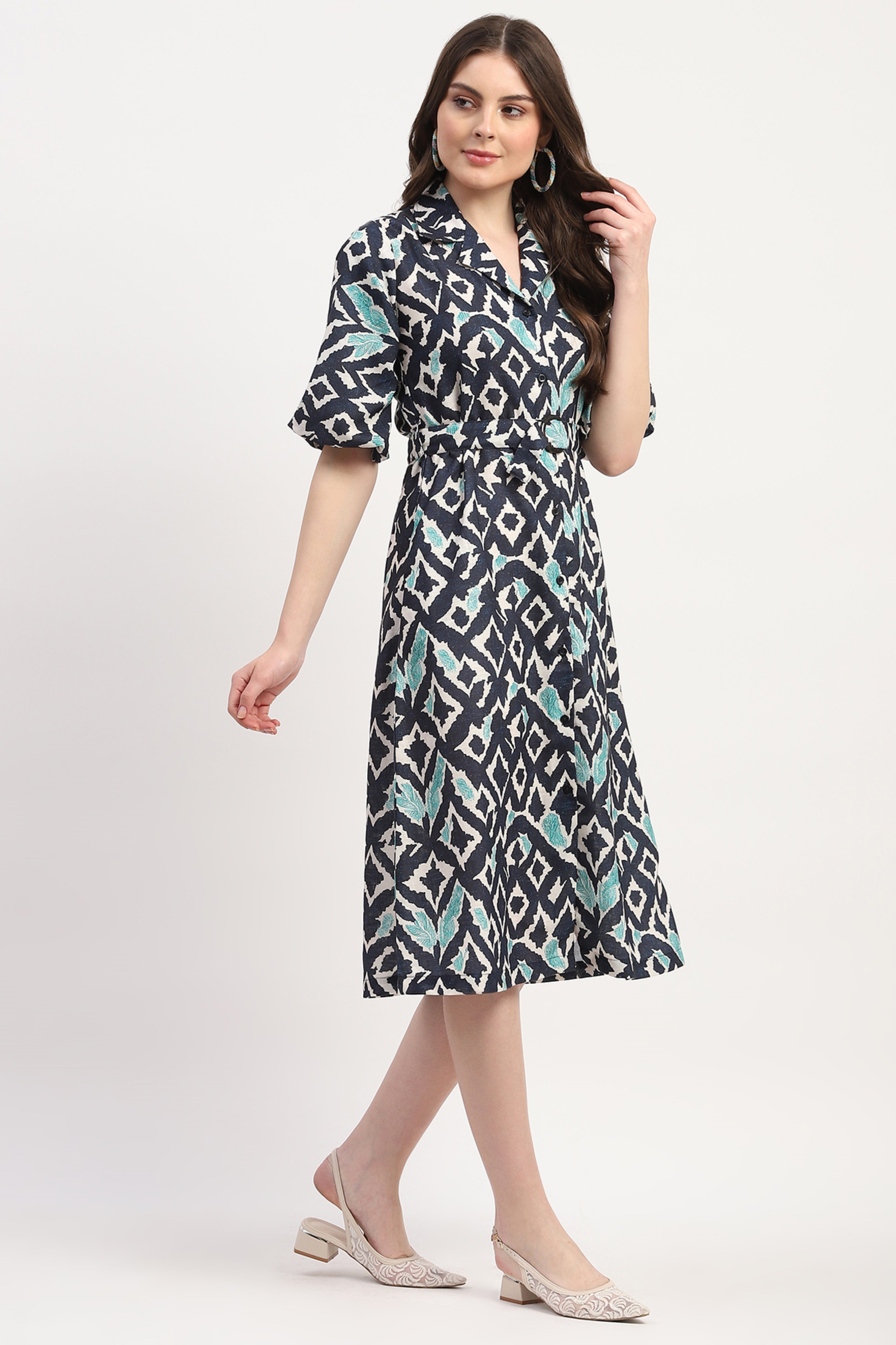 Navy Blue Poly Linen Printed Dress