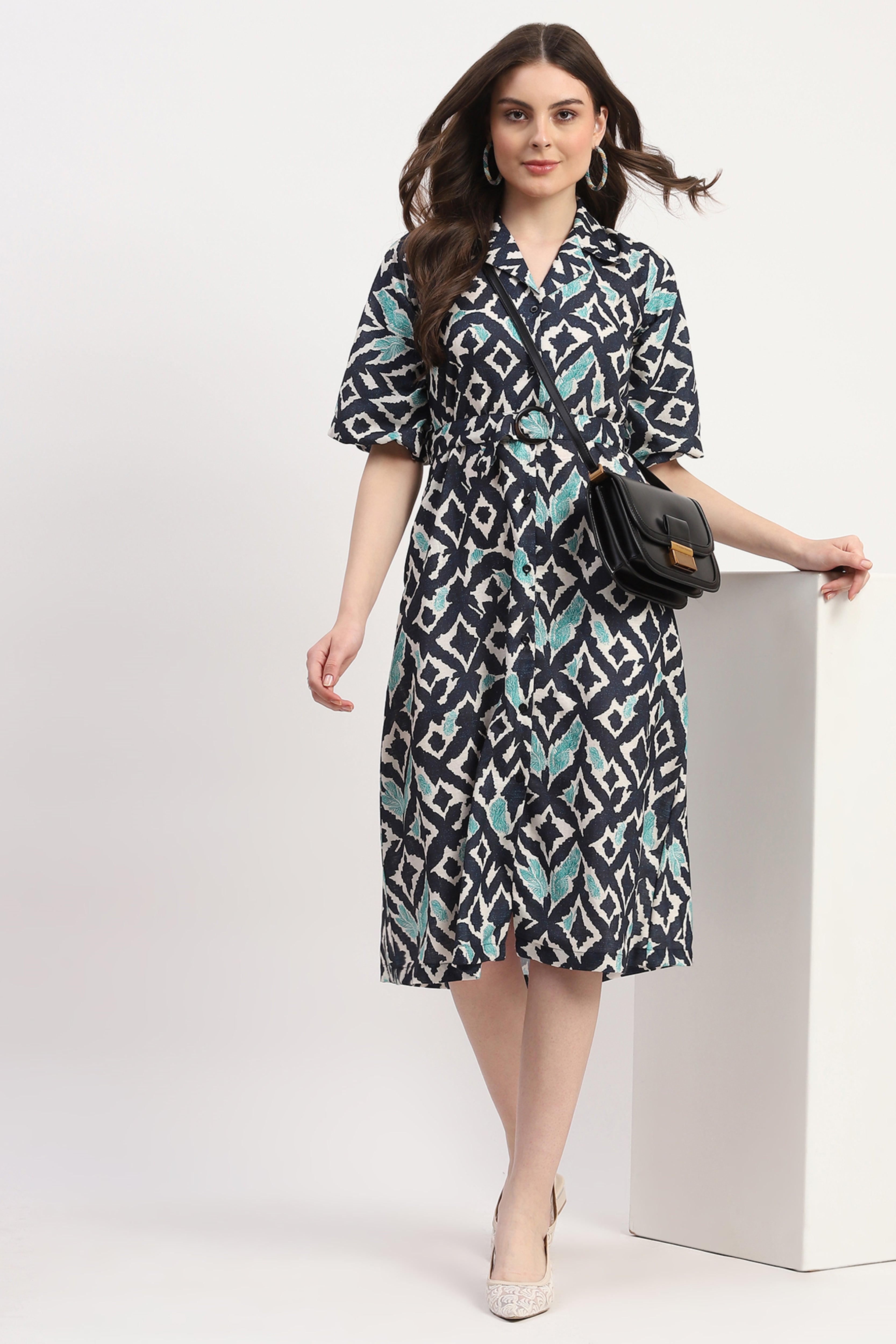 Navy Blue Poly Linen Printed Dress