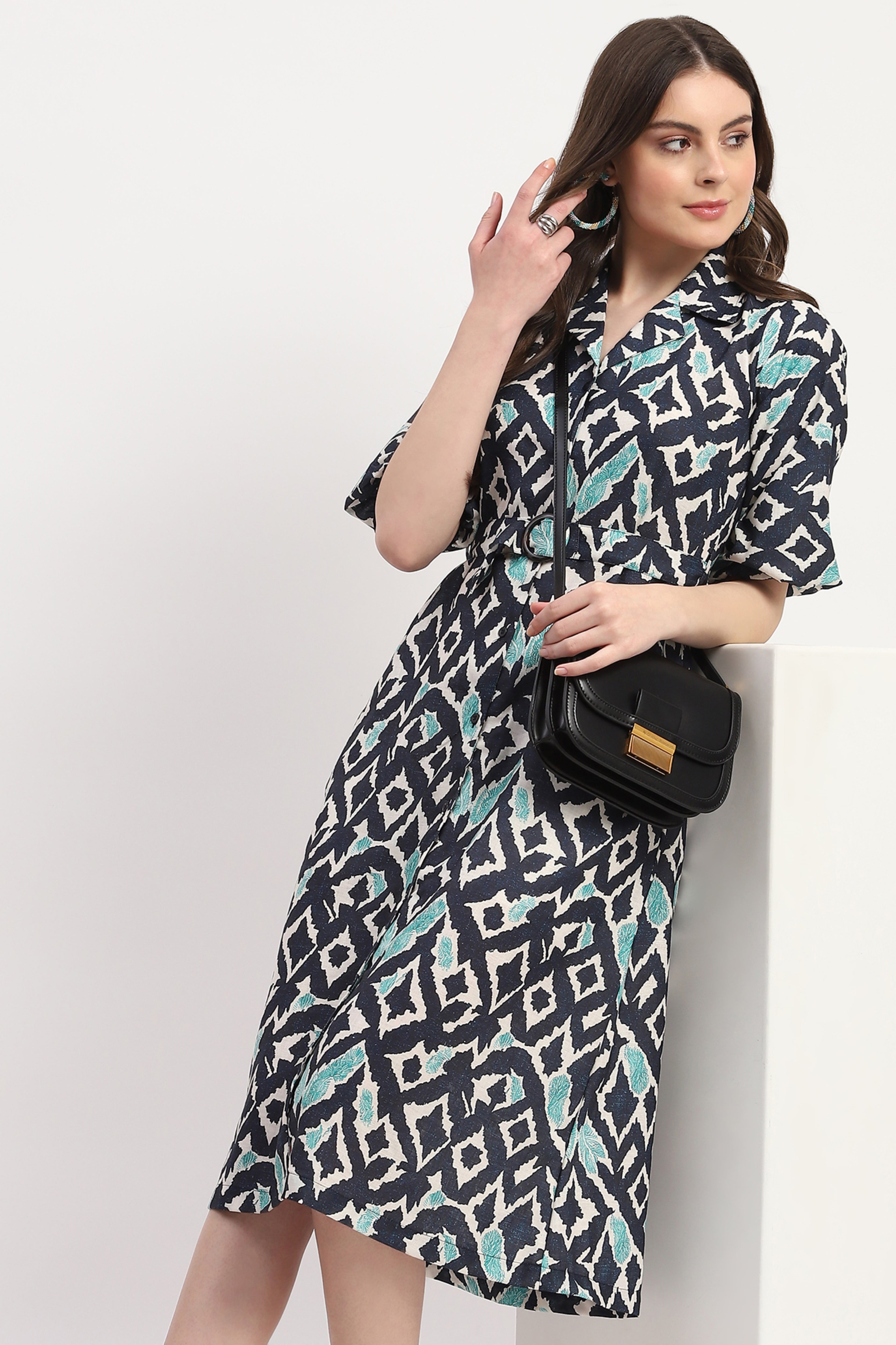 Navy Blue Poly Linen Printed Dress