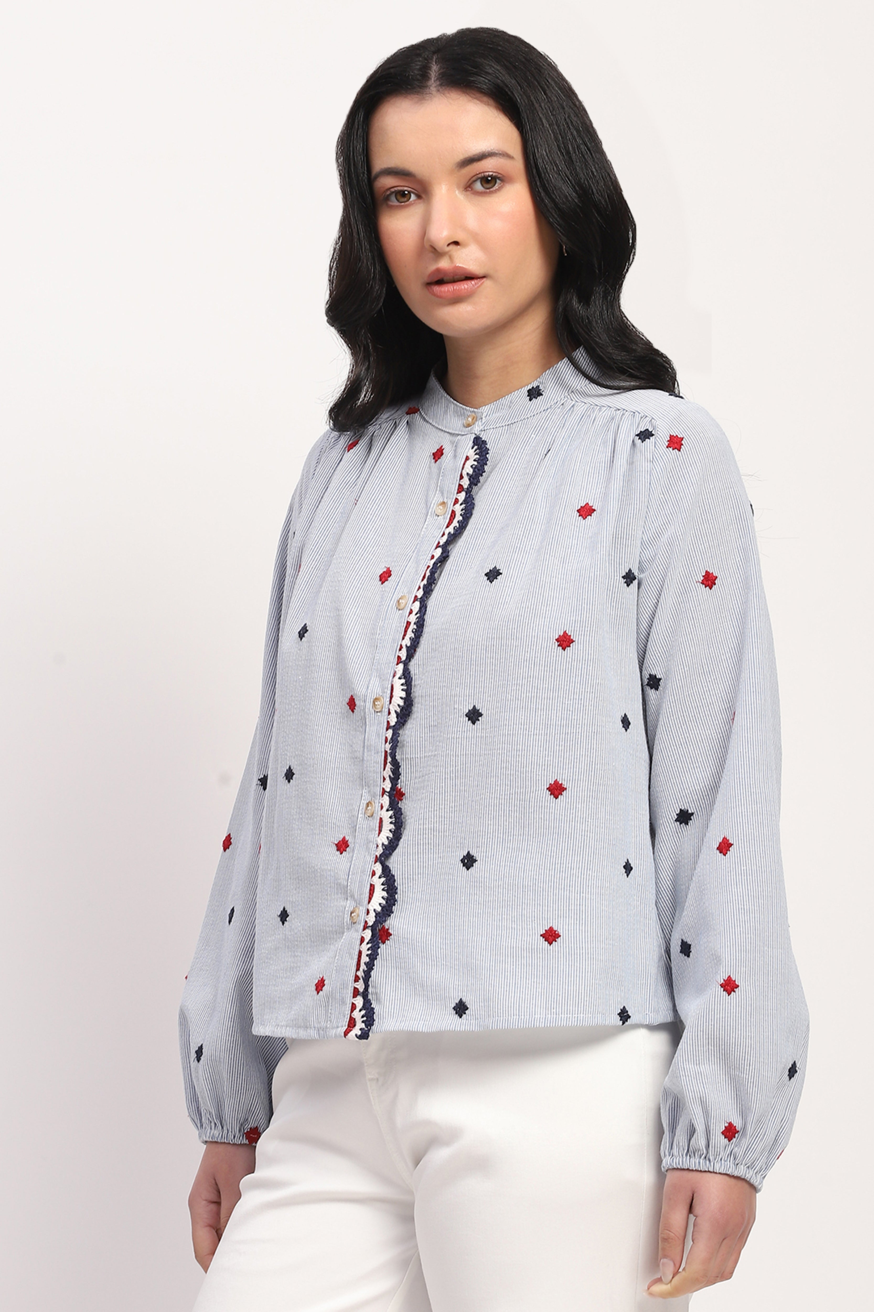 Blue Embroidered Cotton Top
