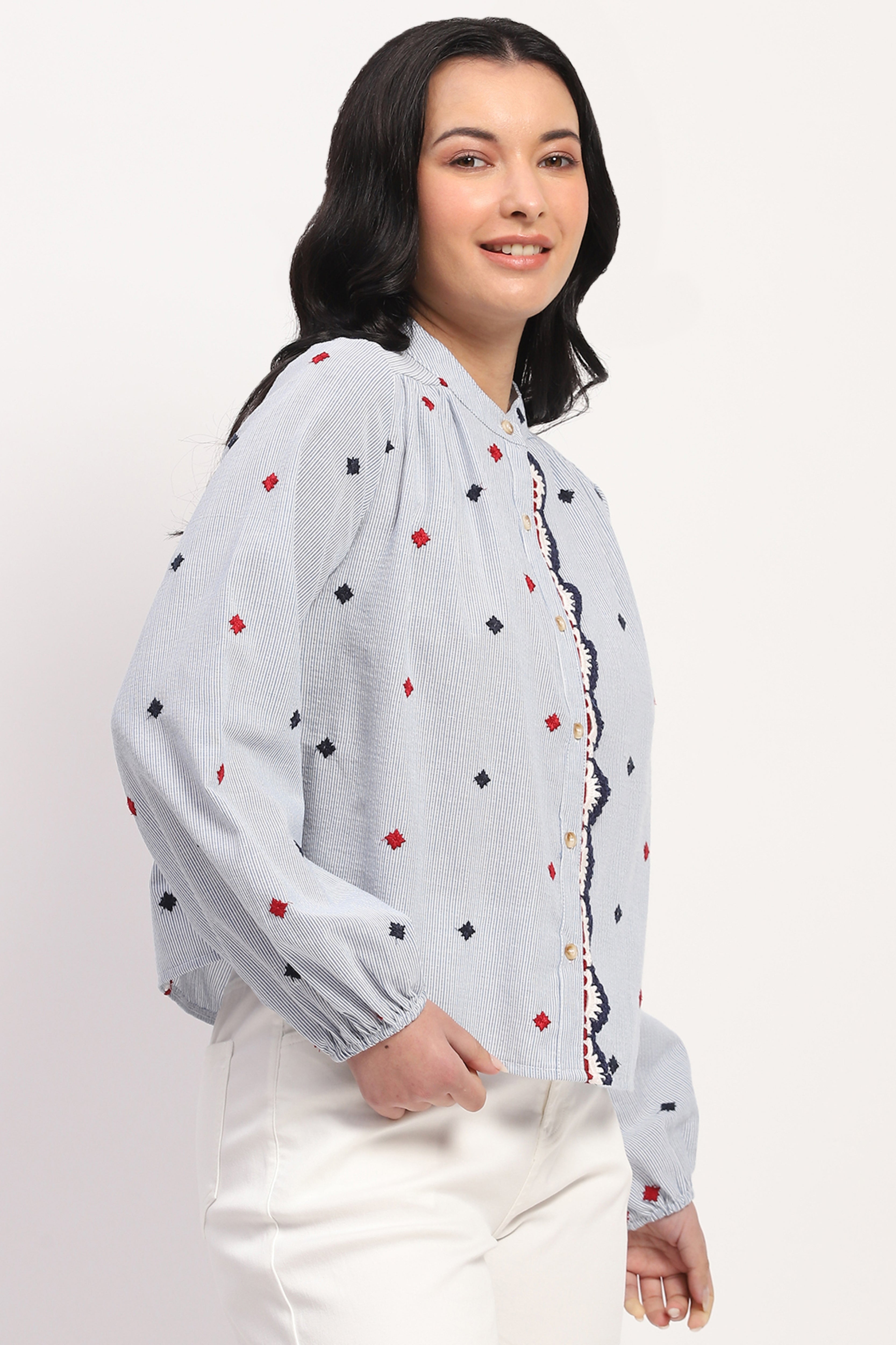 Blue Embroidered Cotton Top