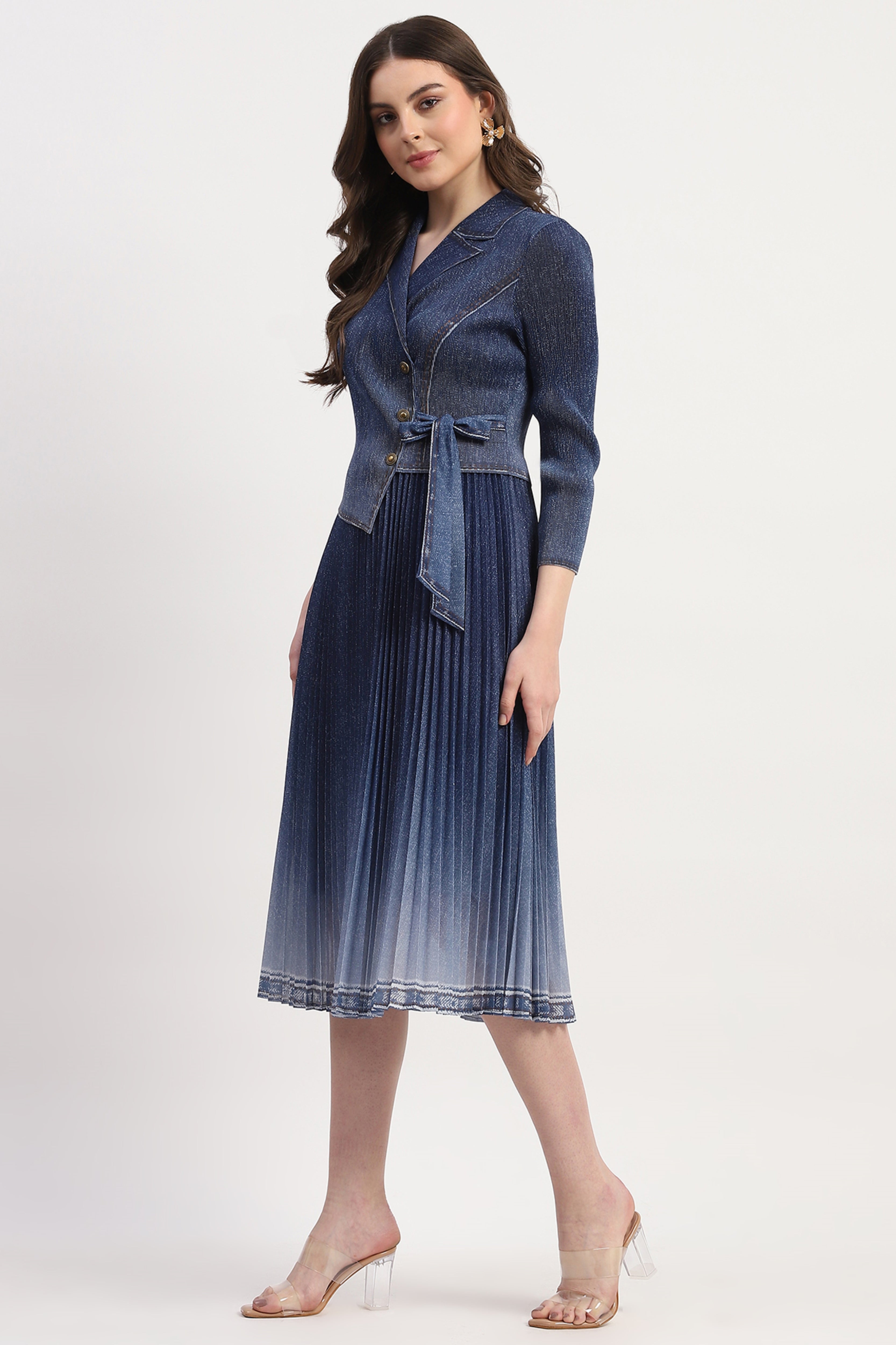 Blue Denim-Look Pleated Midi Dress