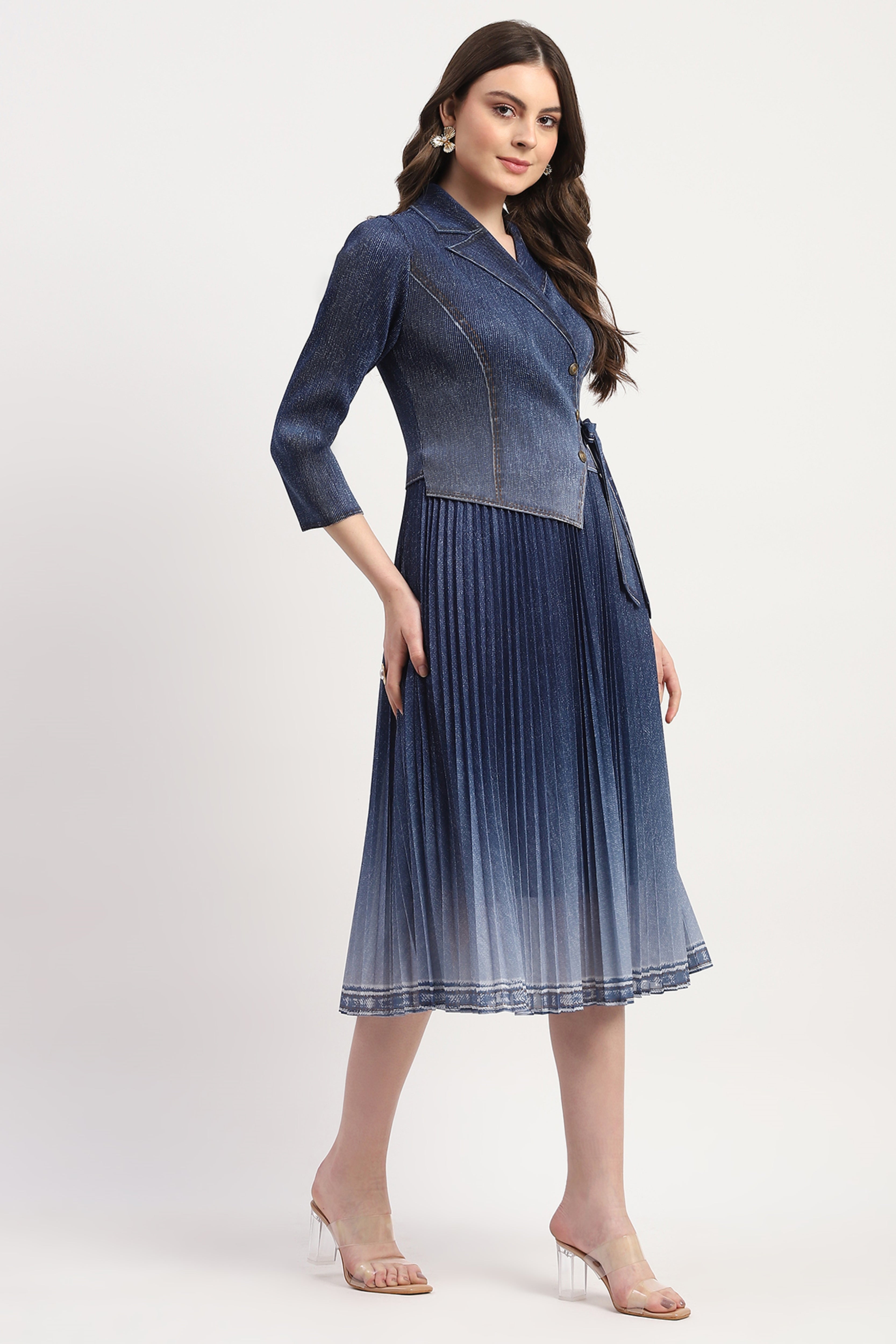 Blue Denim-Look Pleated Midi Dress
