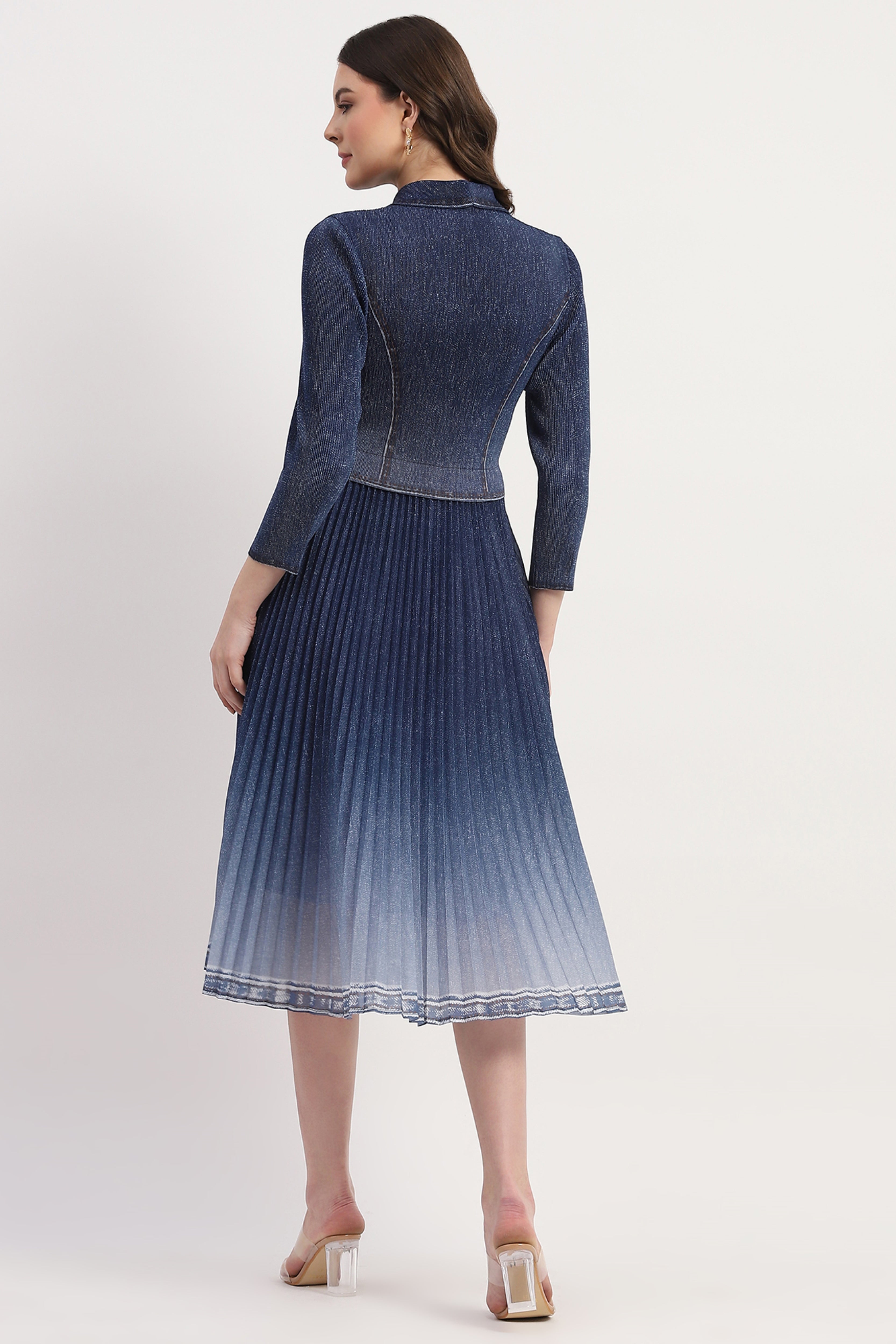 Blue Denim-Look Pleated Midi Dress