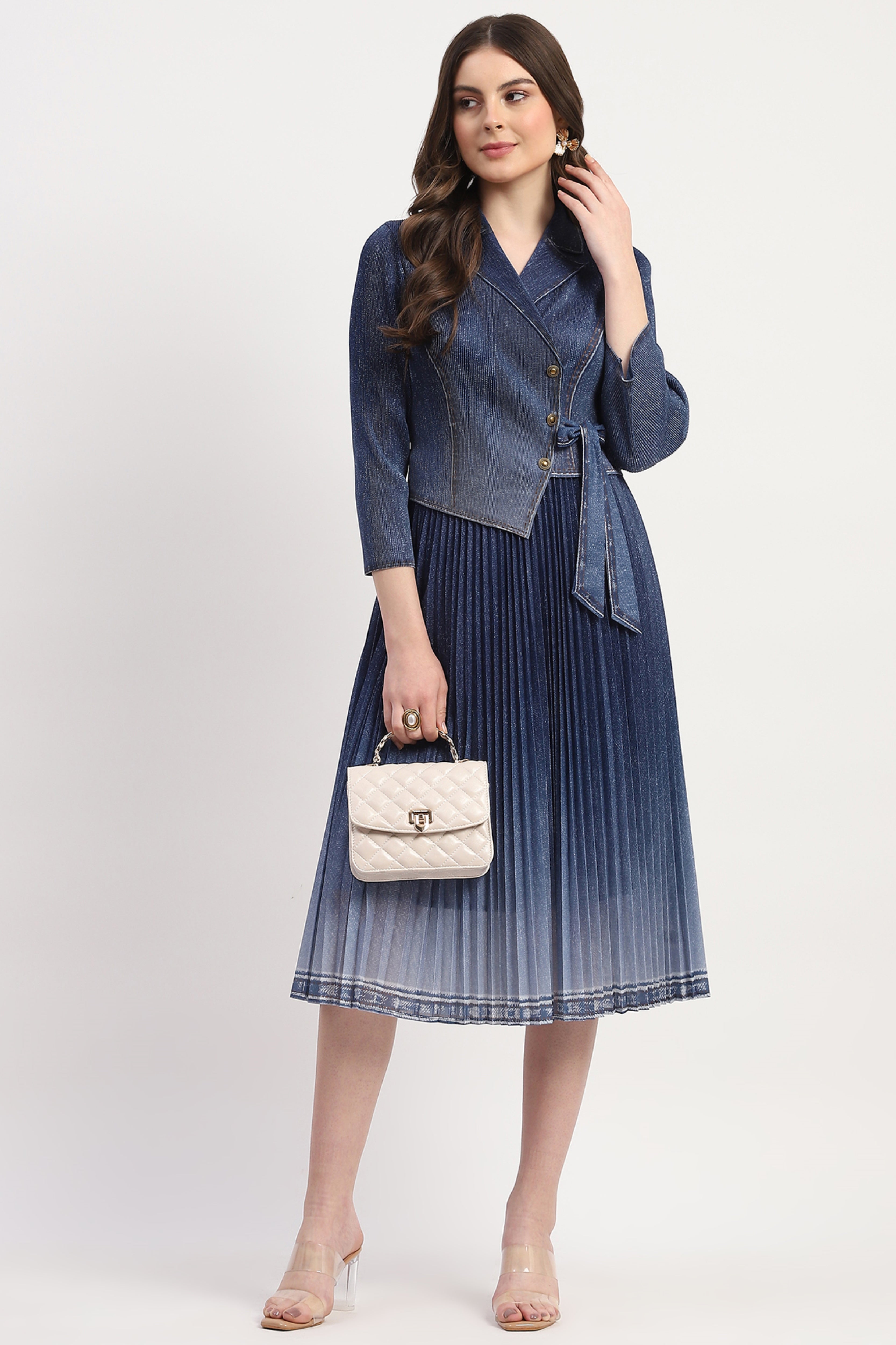 Blue Denim-Look Pleated Midi Dress