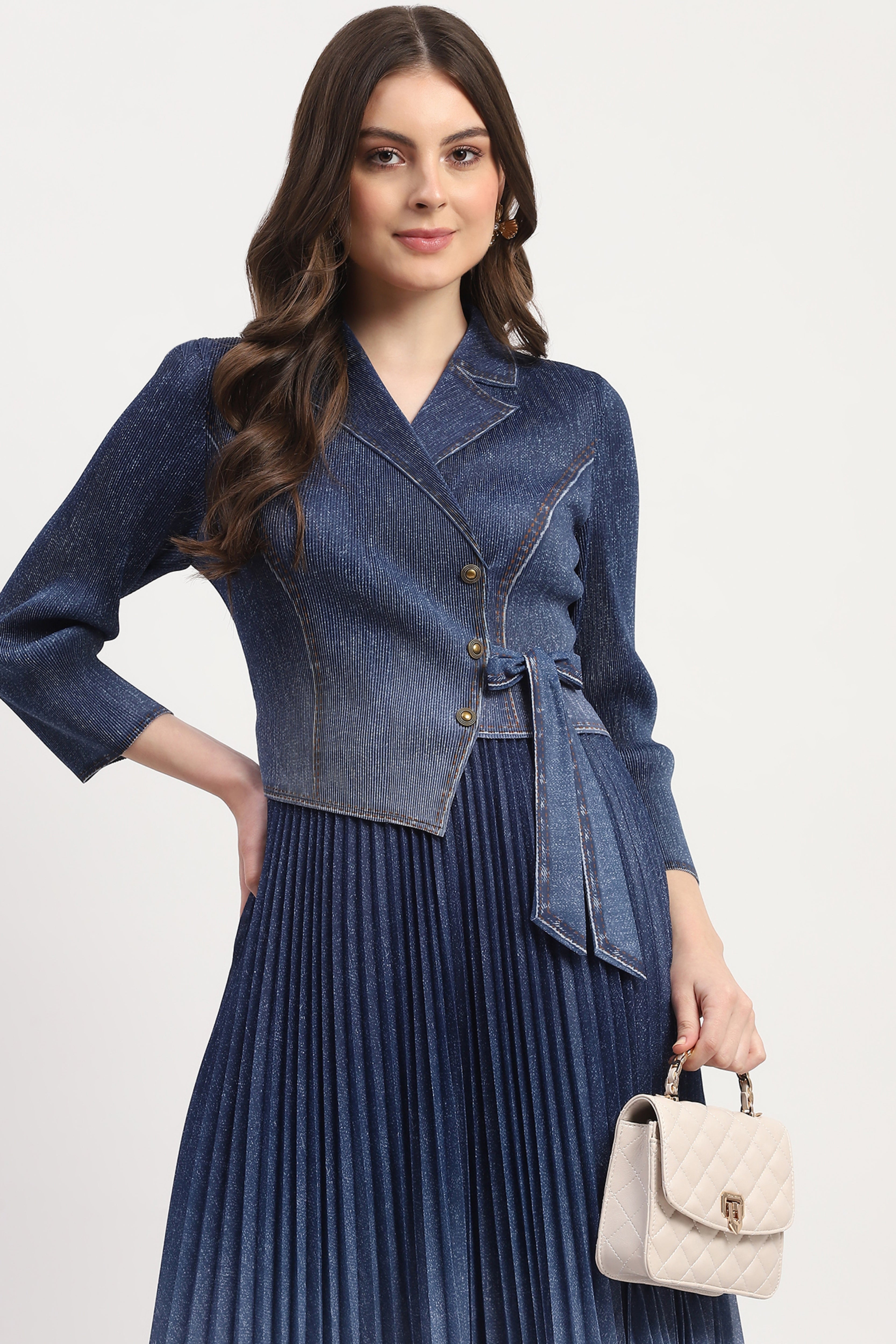 Blue Denim-Look Pleated Midi Dress