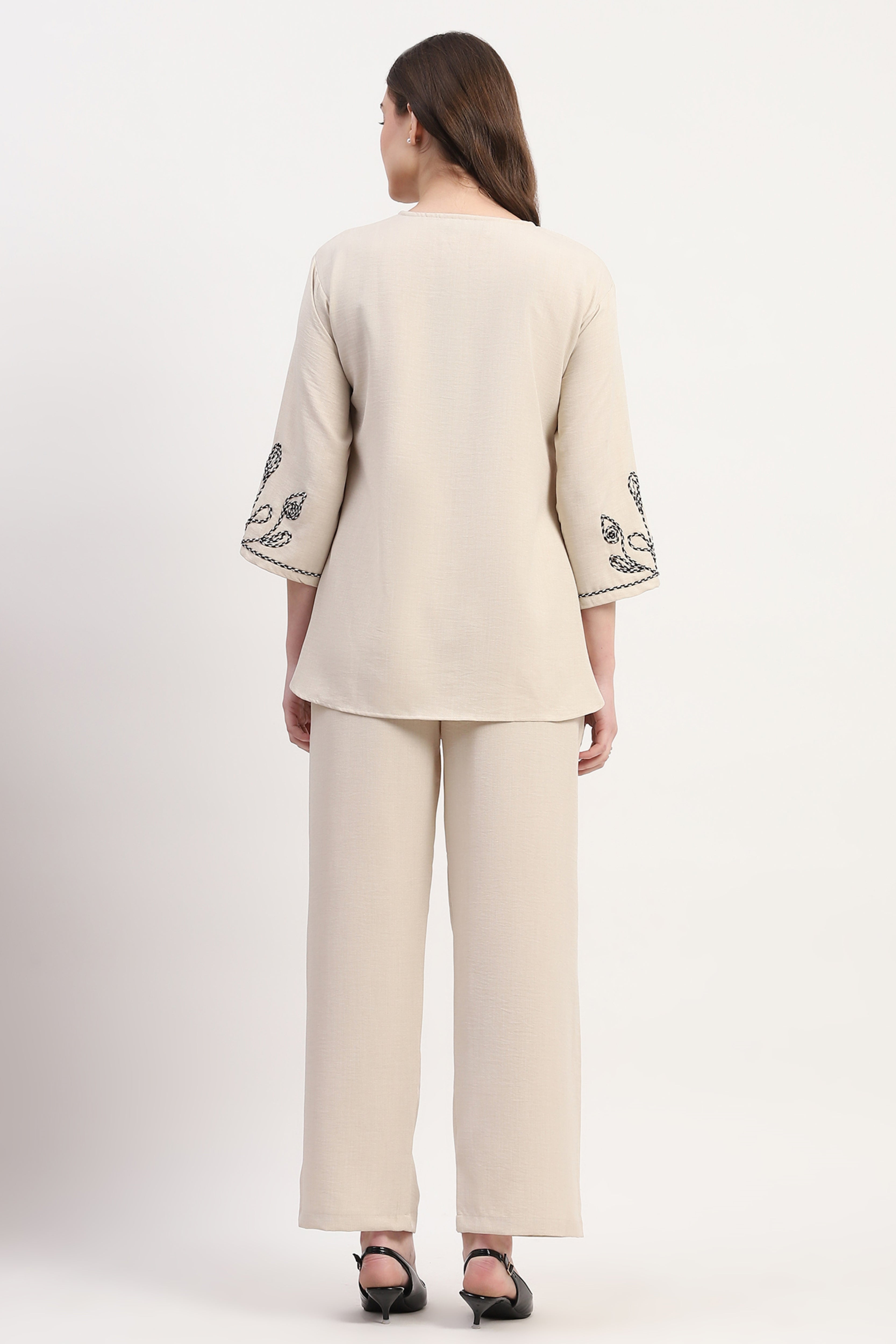 Cream Rayon Blend Embroidered Co-ord Set