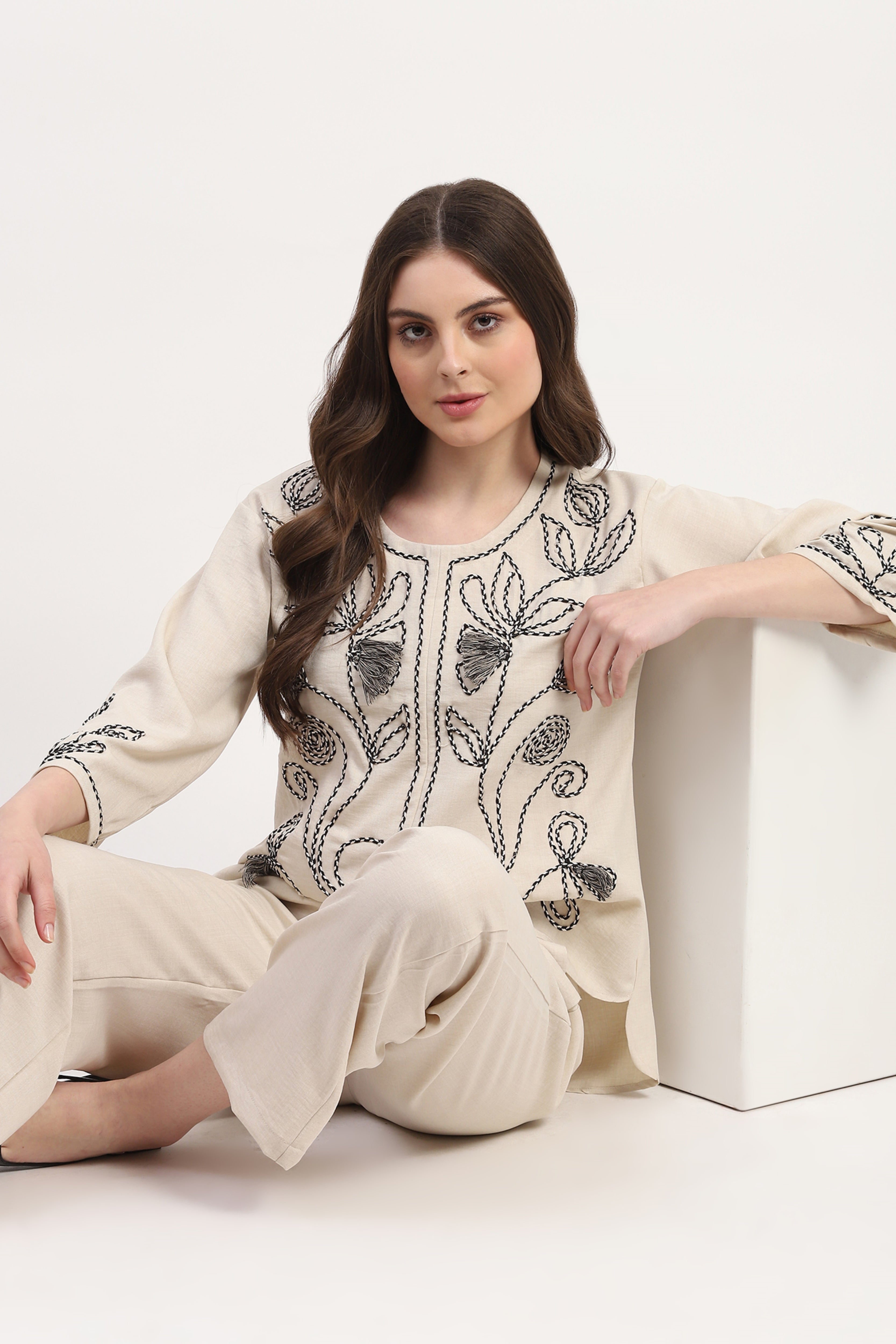 Cream Rayon Blend Embroidered Co-ord Set
