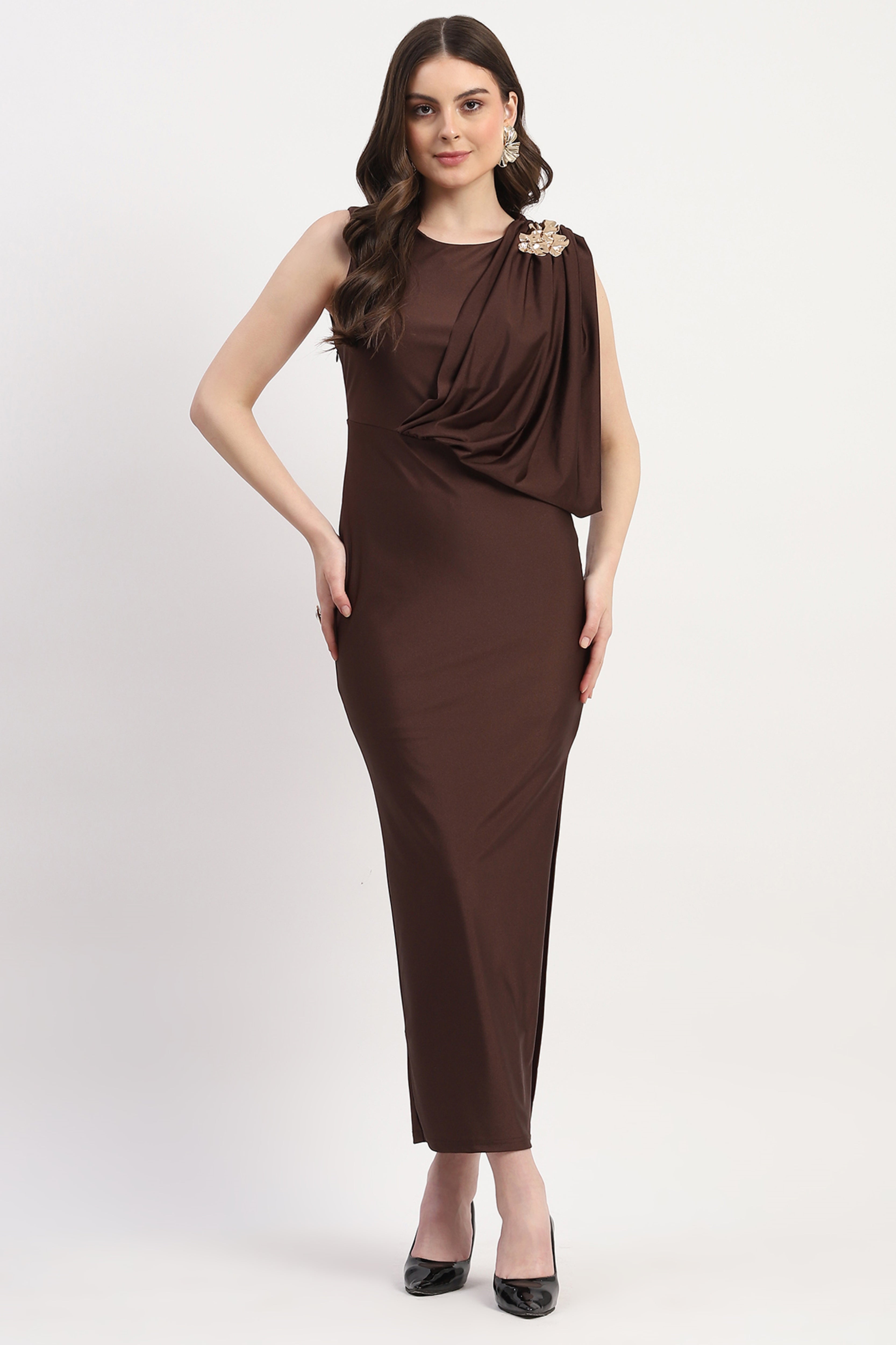 Brown Polyester Spandex Solid Maxi Dress