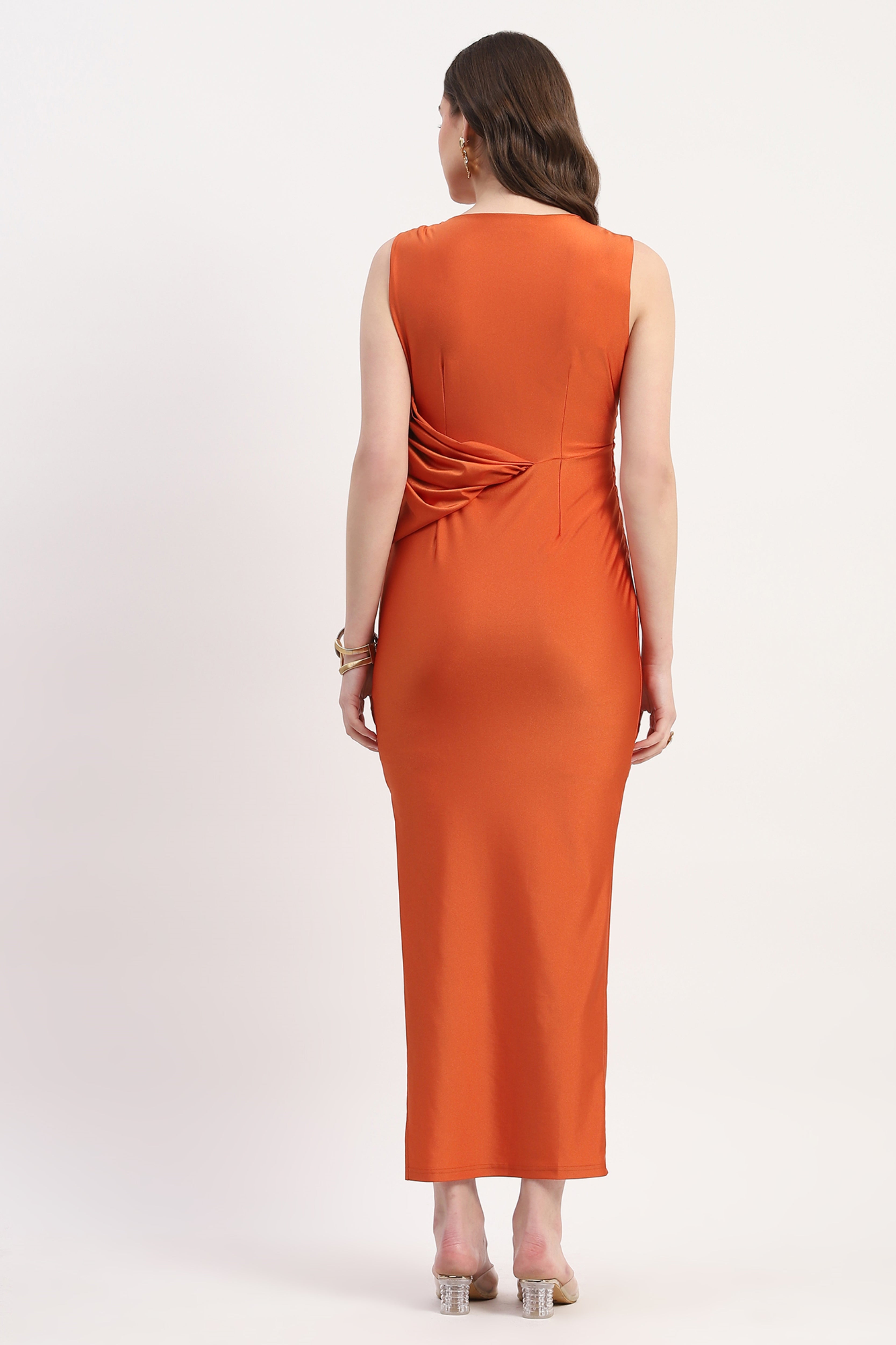 Orange Polyester Spandex Solid Maxi Dress