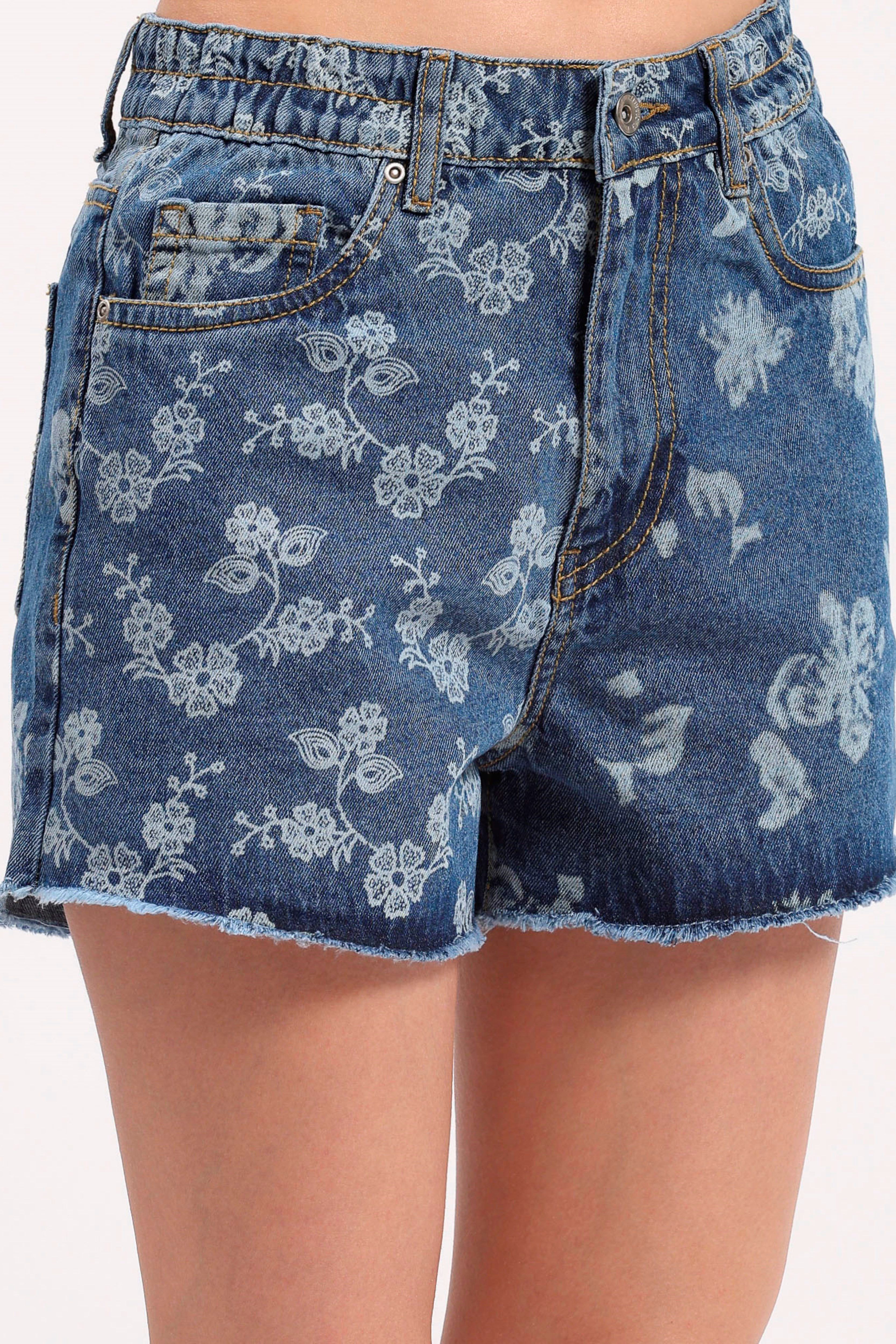 Blue Floral Print Denim Shorts