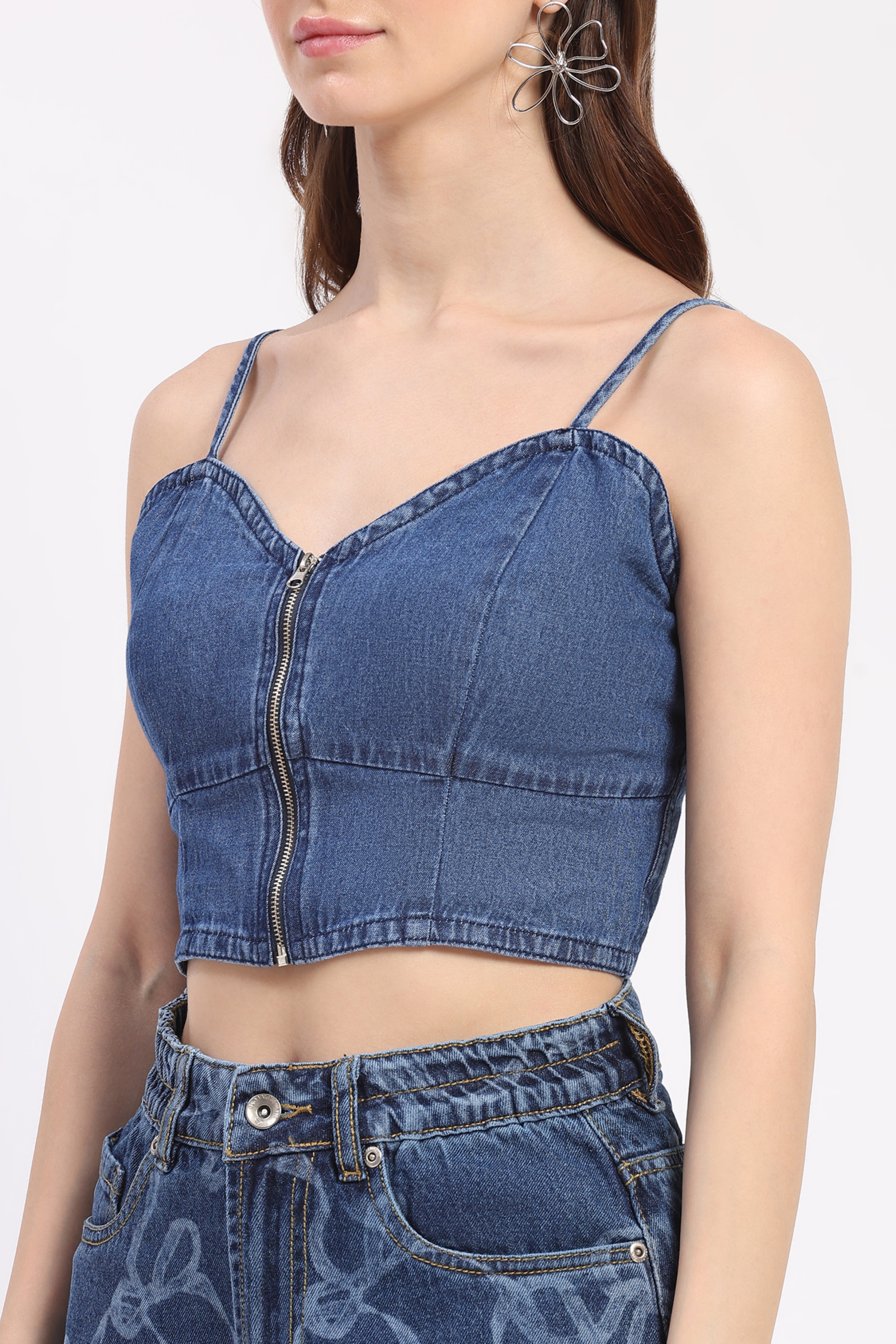 Blue Denim Smocked Back Crop Top