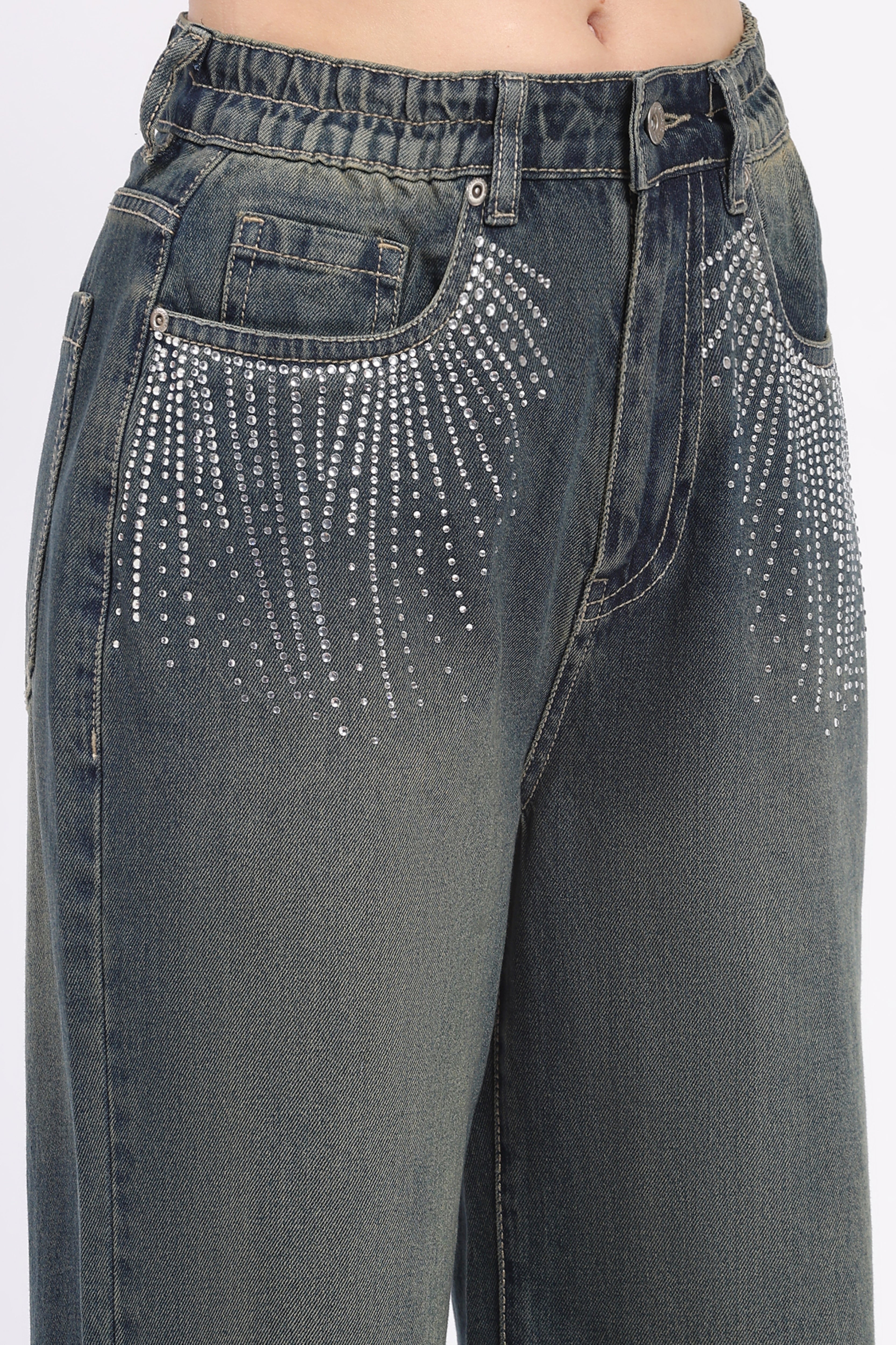 Blue Wide Leg Embellished Jeans