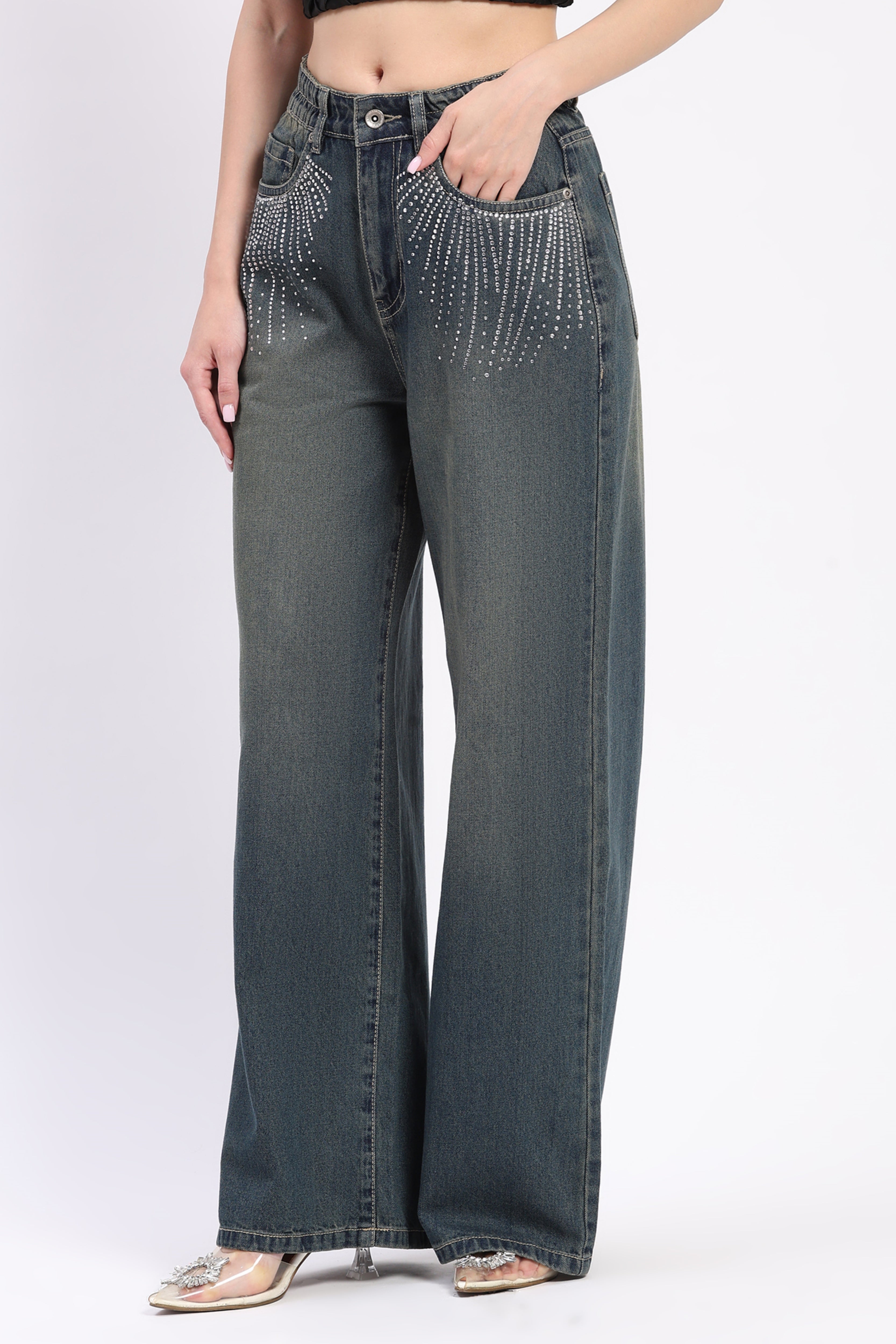 Blue Wide Leg Embellished Jeans