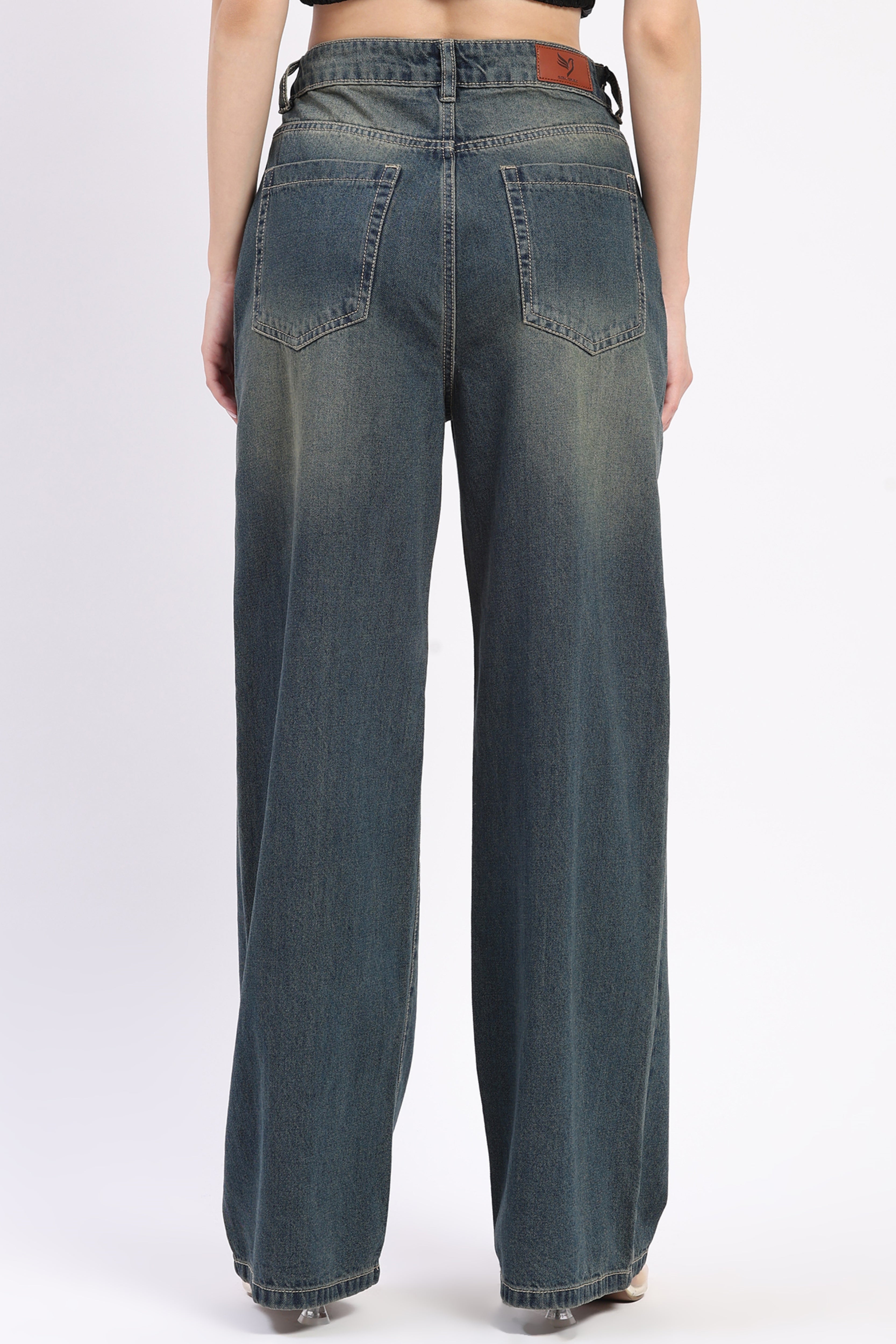 Blue Wide Leg Embellished Jeans