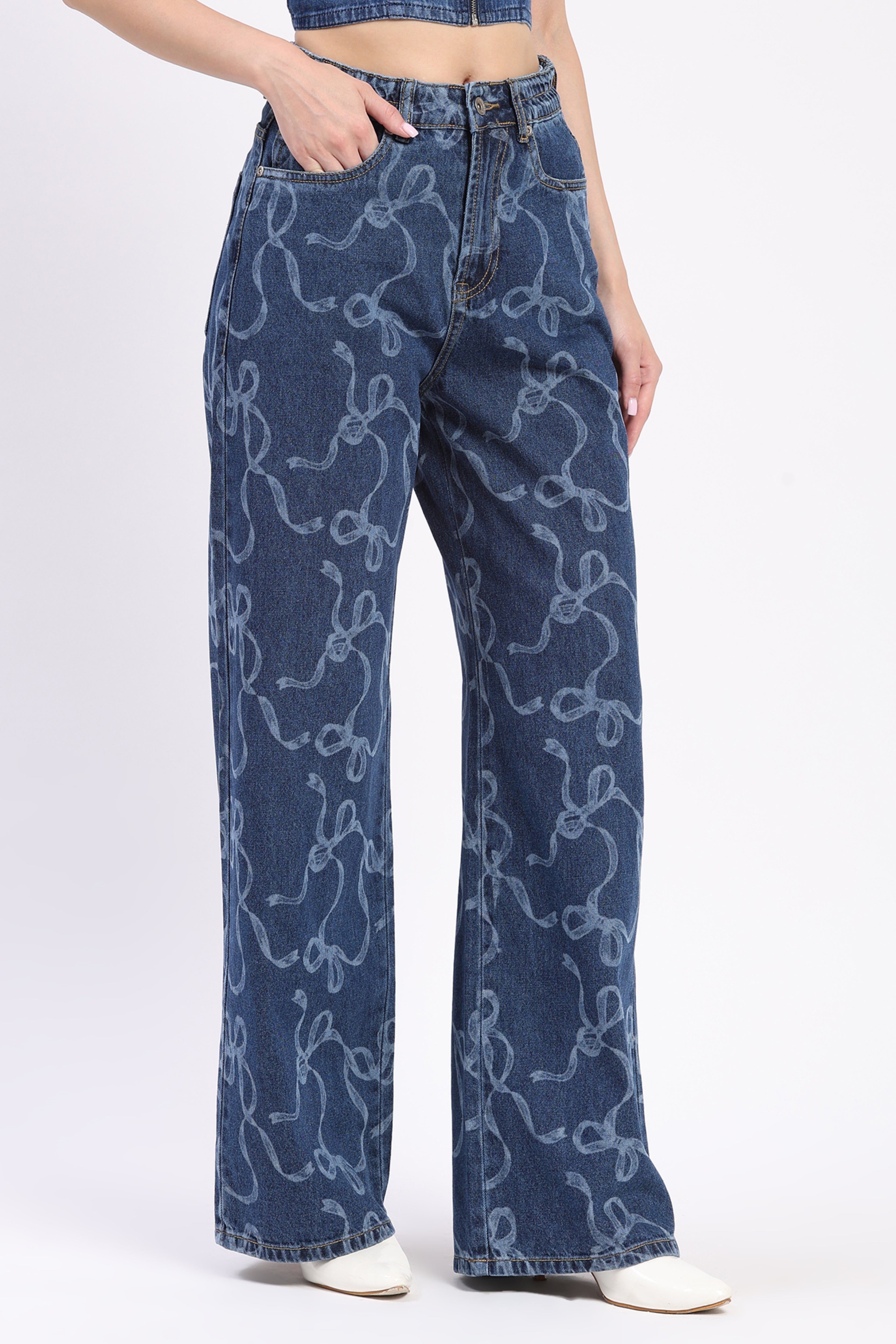 Blue Bow Print Wide Leg Jeans
