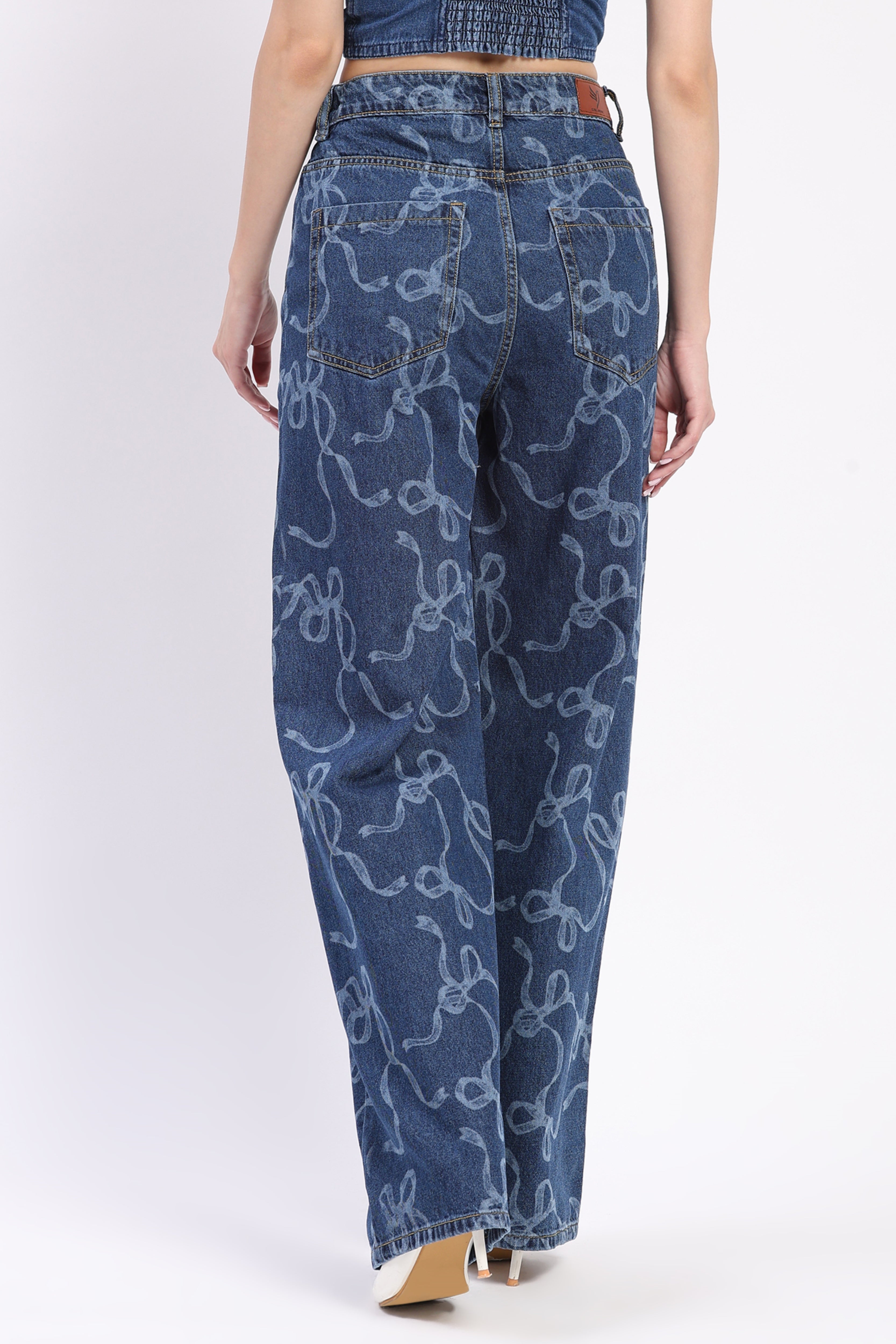 Blue Bow Print Wide Leg Jeans