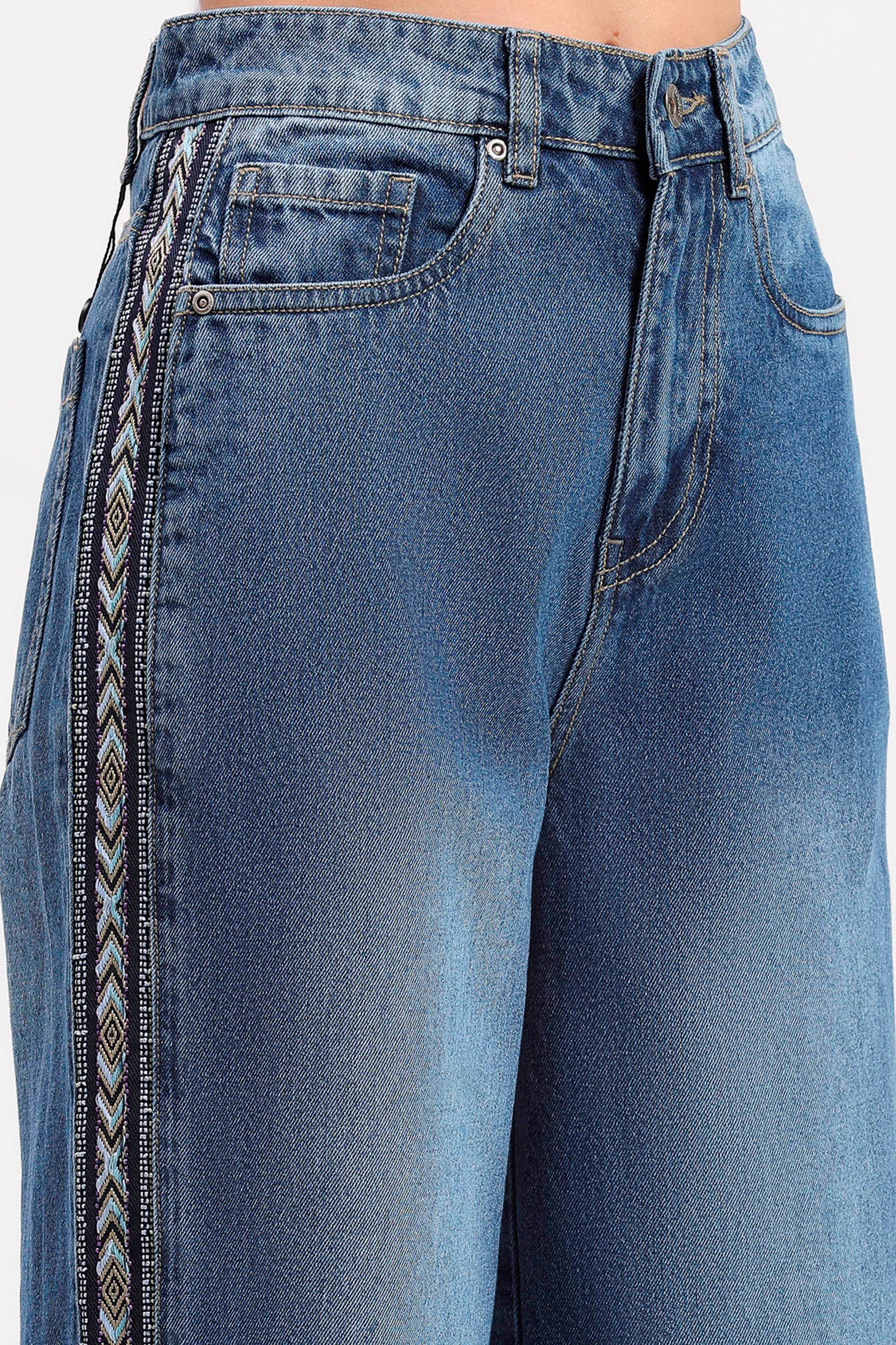 Blue Wide Leg Embroidered Jeans