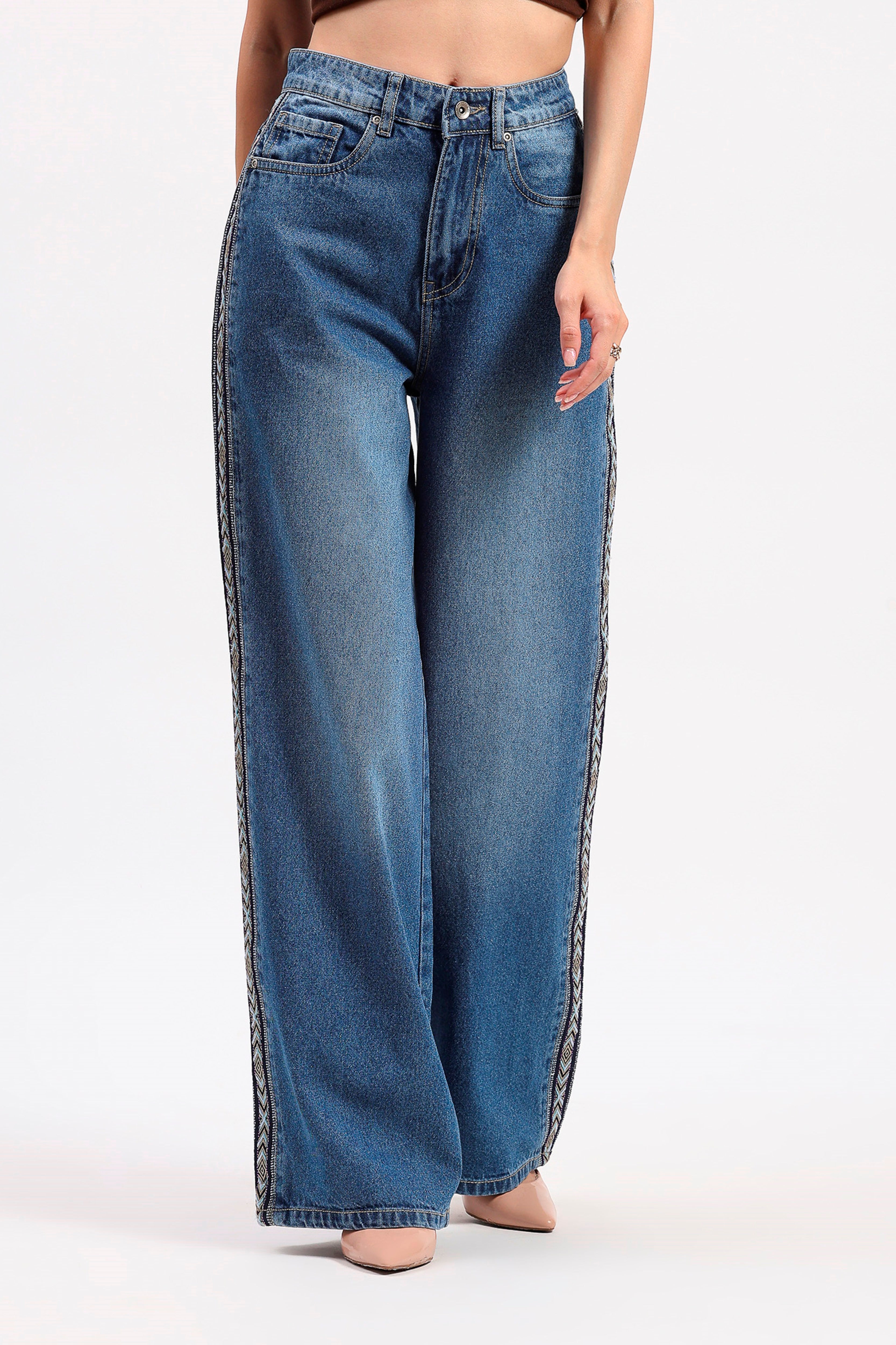 Blue Wide Leg Embroidered Jeans