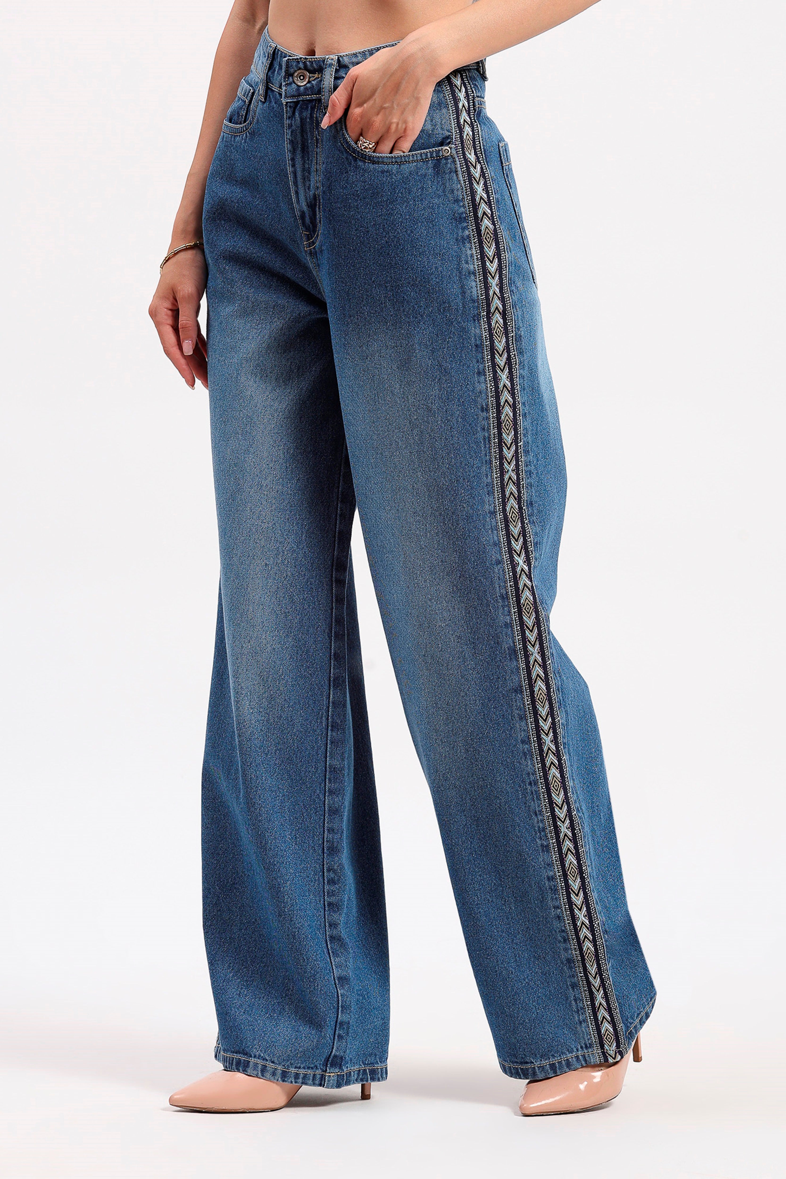 Blue Wide Leg Embroidered Jeans