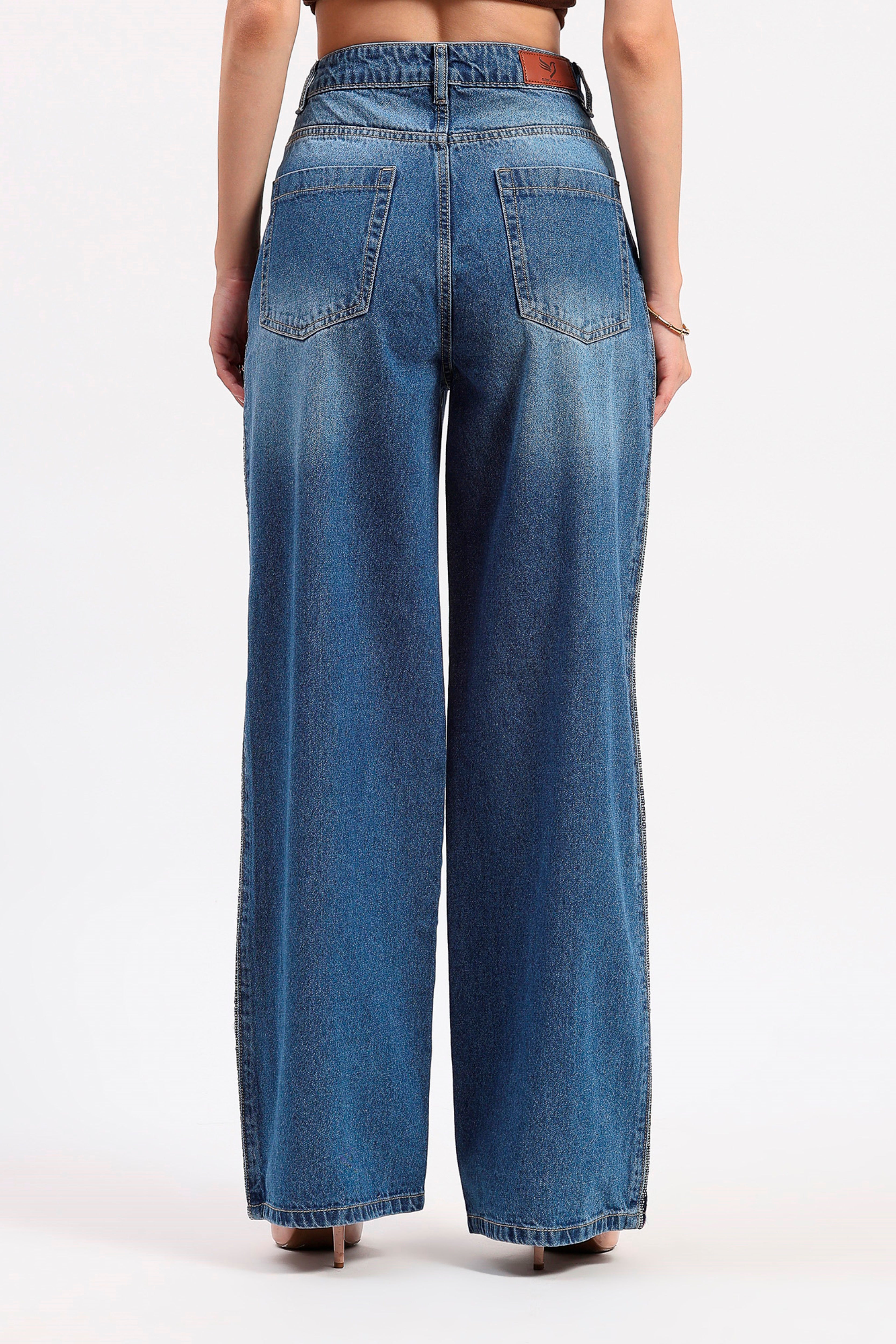 Blue Wide Leg Embroidered Jeans