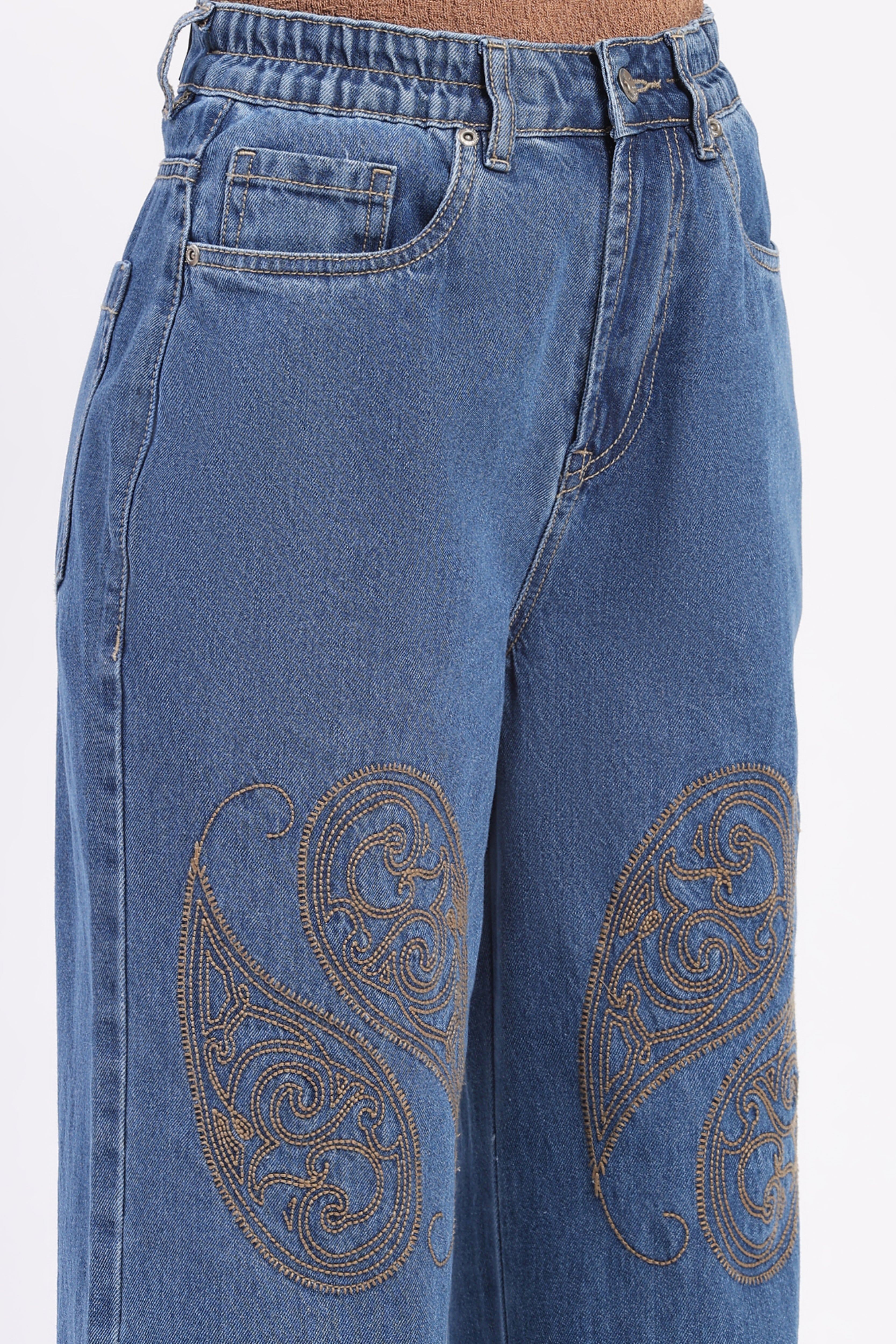 Blue Embroidered Wide Leg Jeans