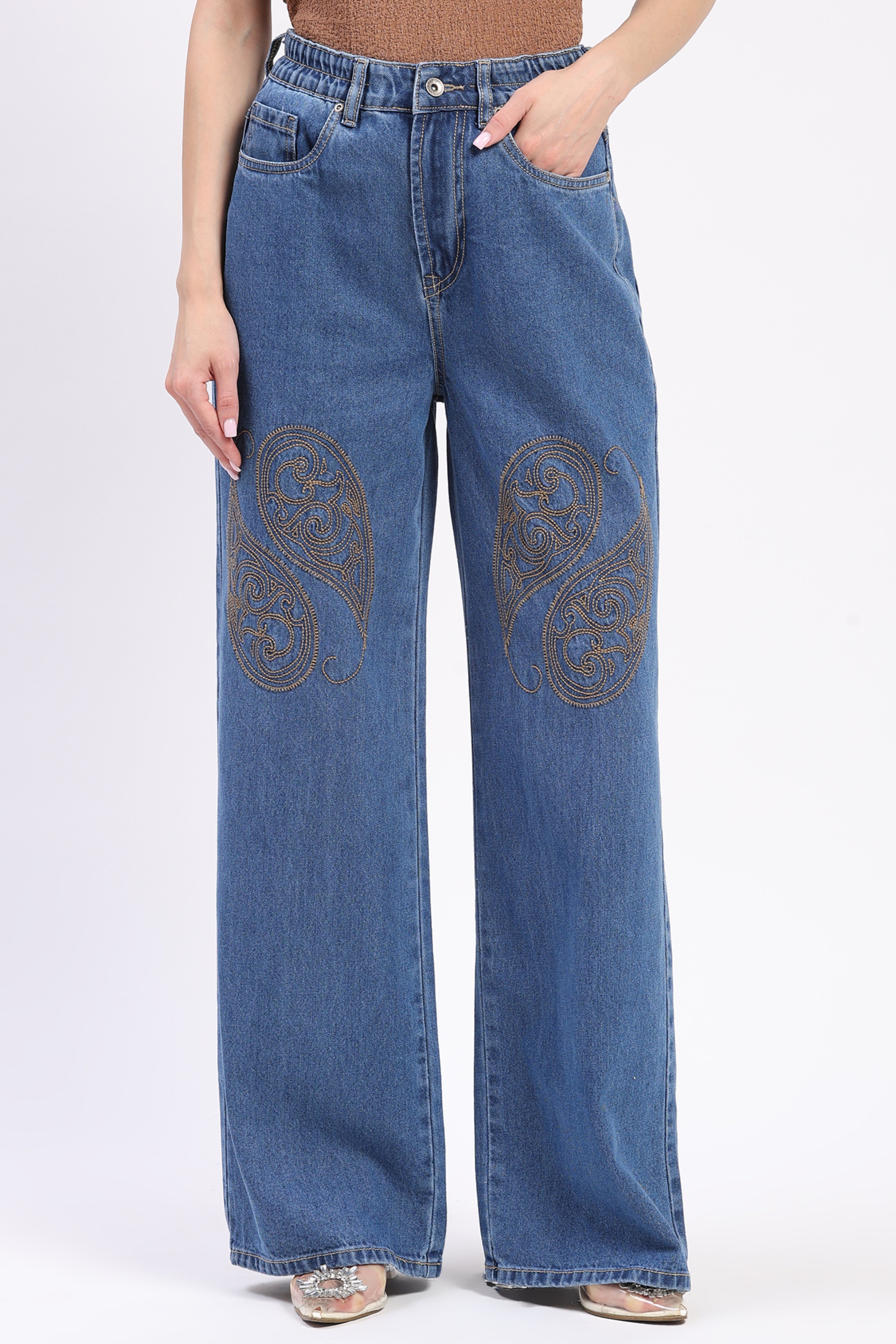 Blue Embroidered Wide Leg Jeans
