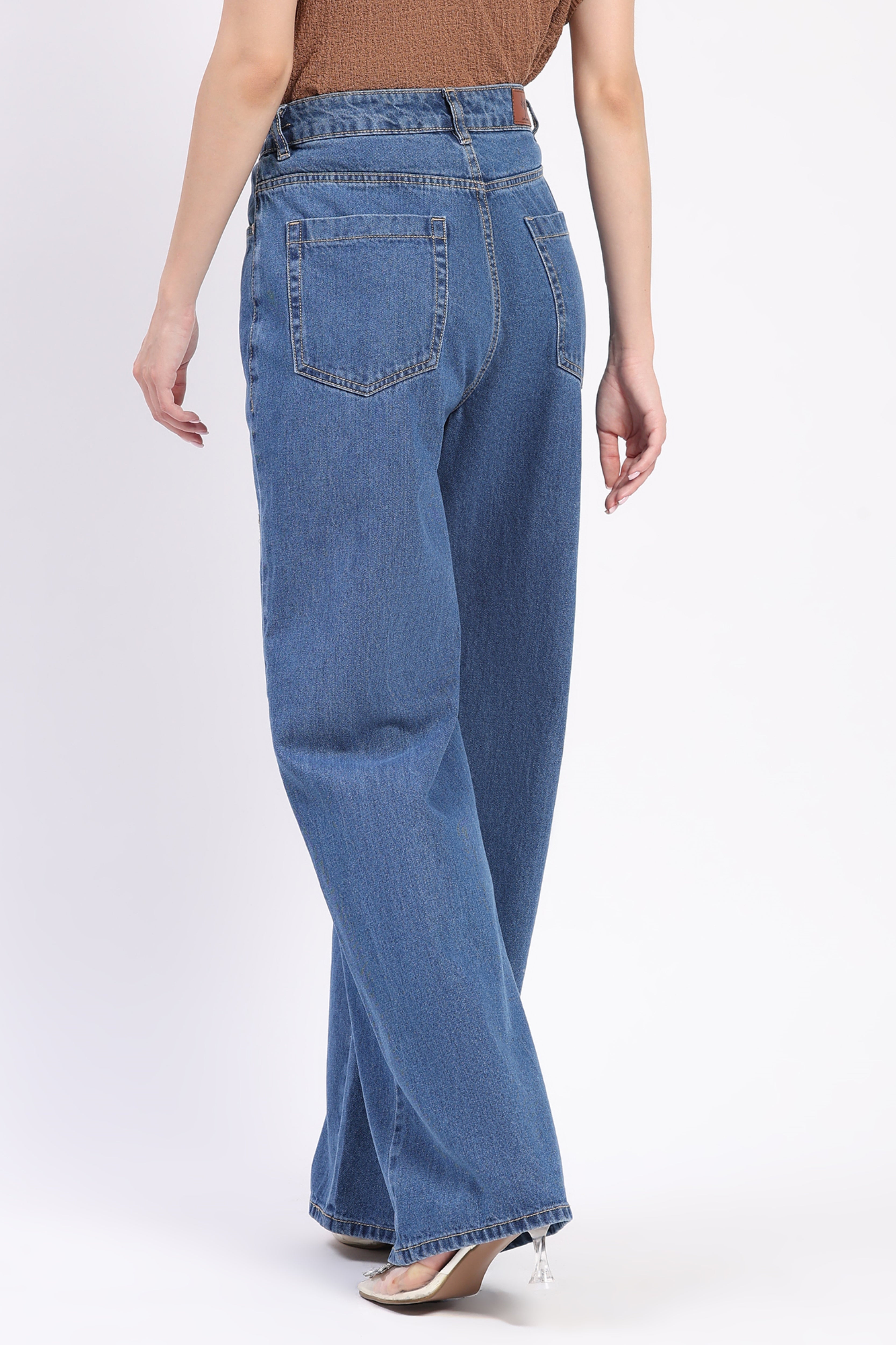 Blue Embroidered Wide Leg Jeans