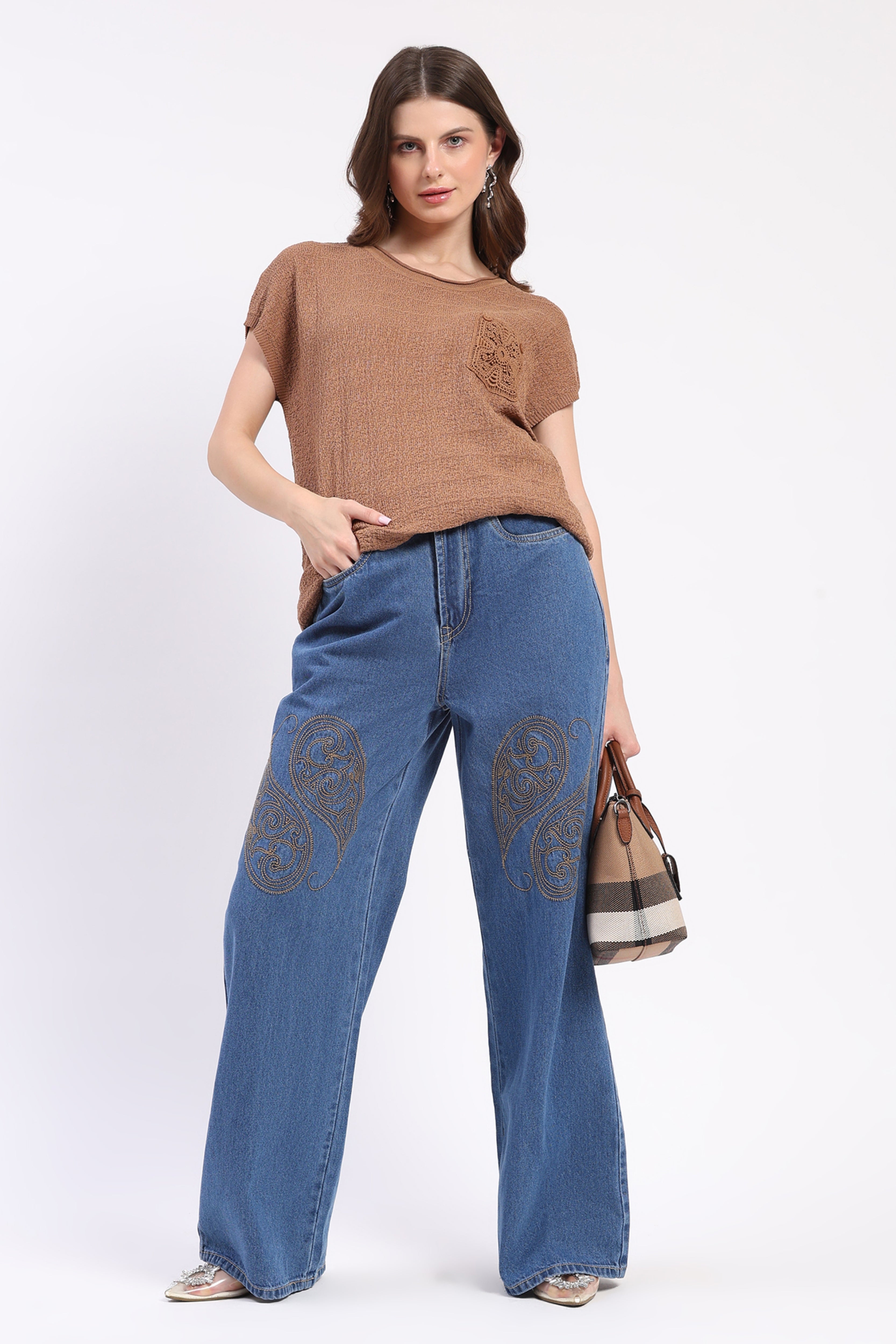 Blue Embroidered Wide Leg Jeans