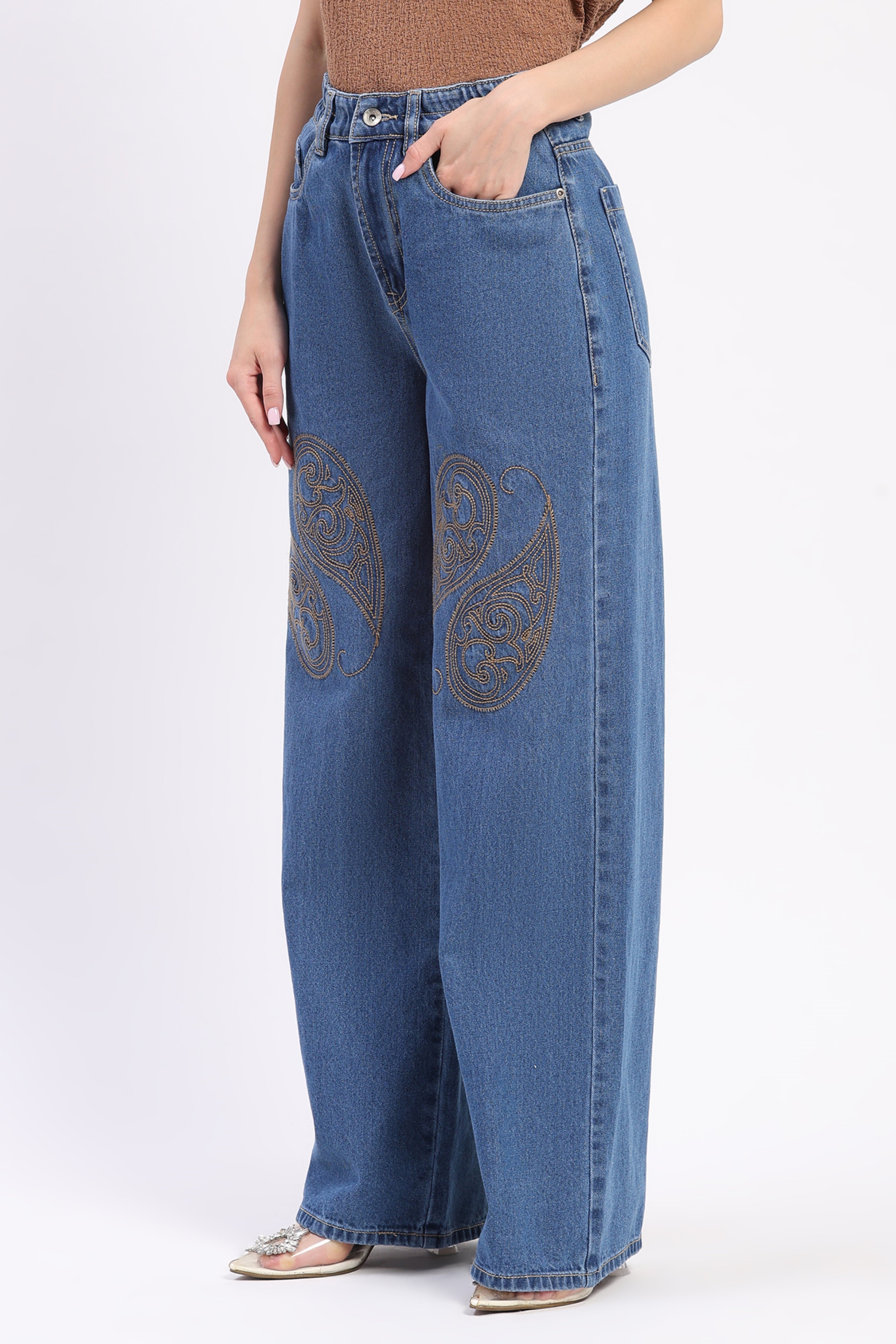 Blue Embroidered Wide Leg Jeans